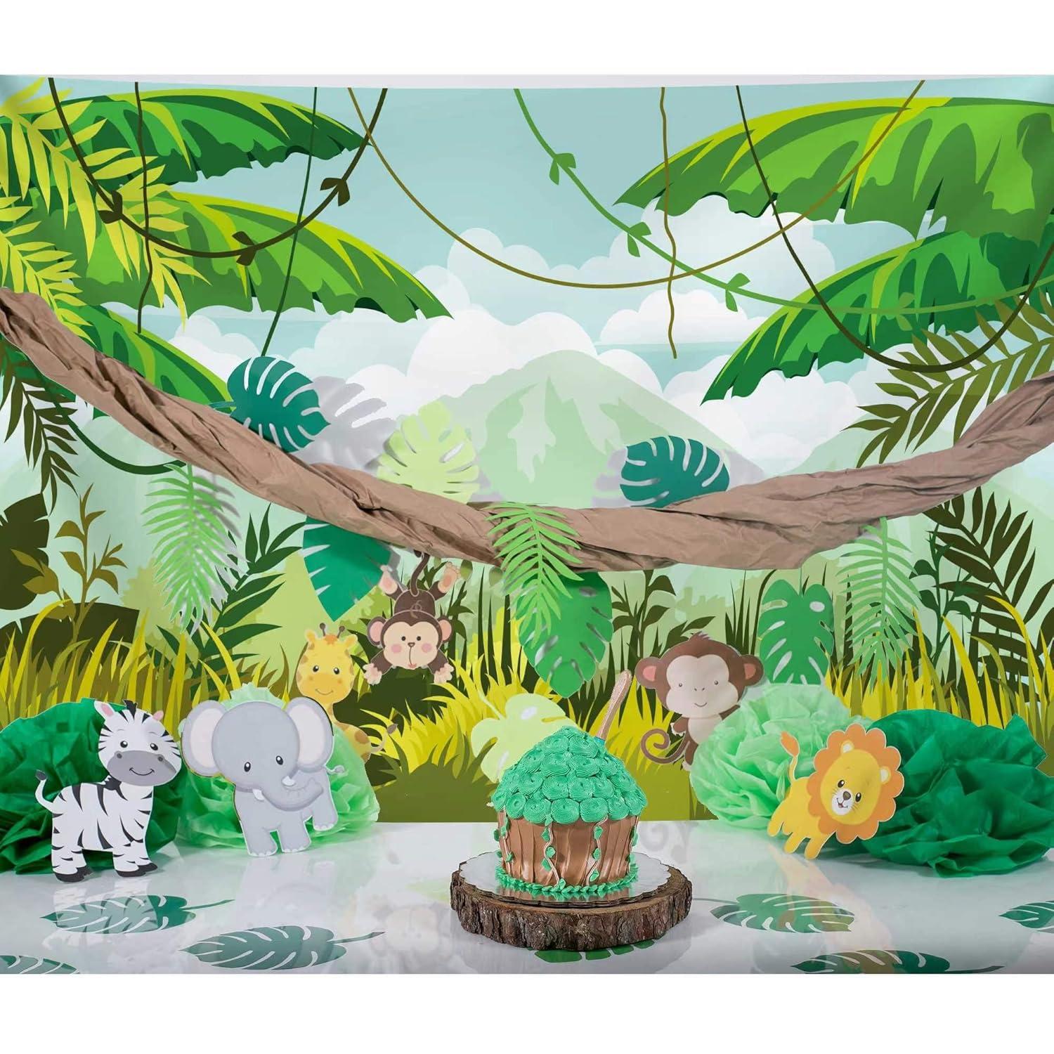 Safari Birthday Decorations 7x5ft Ployester Fabric Photography Backdrop Green Spring Forest Jungle Party Background Banner Supplies Baby Shower Decorations