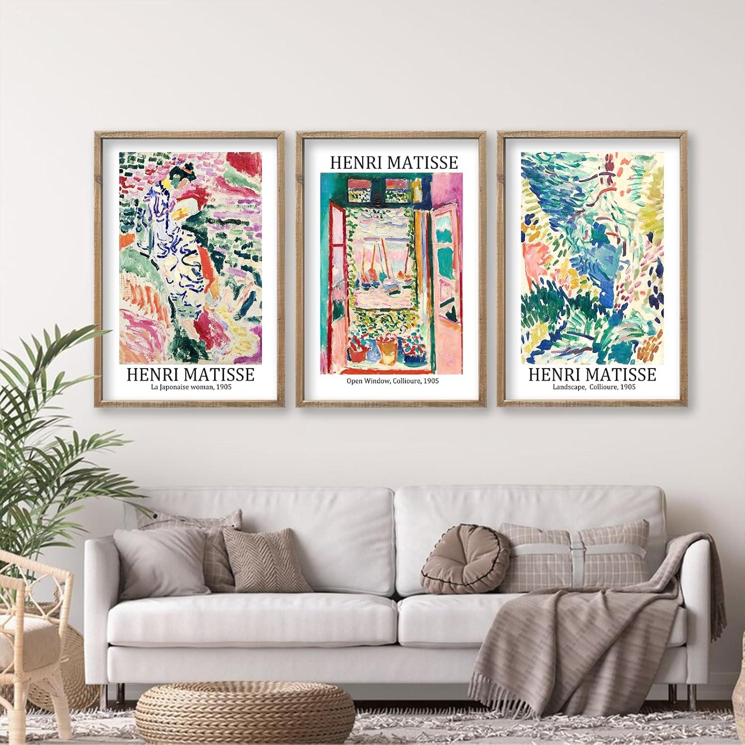 Vault W Artwork Set Of 3 16X11 Inch Large Rustic Farmhouse Aesthetic Wood Framed Matisse Sign Modern Home Bedroom Living Room Office Abstract Landscape Print Wall Hang (Wood) (Set of 3)