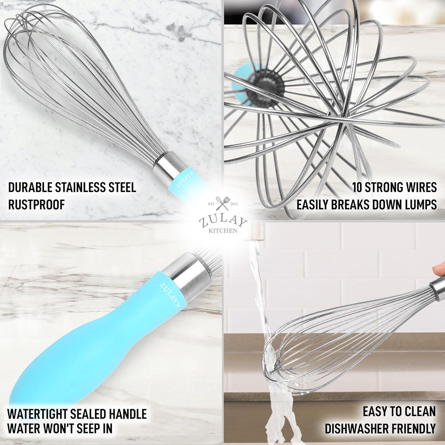 Zulay Kitchen Stainless Steel Balloon Whisk 12 Inch – Heavy Duty and Durable Wire Whisk with Non-Slip Silicone Handle for Blending, Whipping & Beating - Light Blue