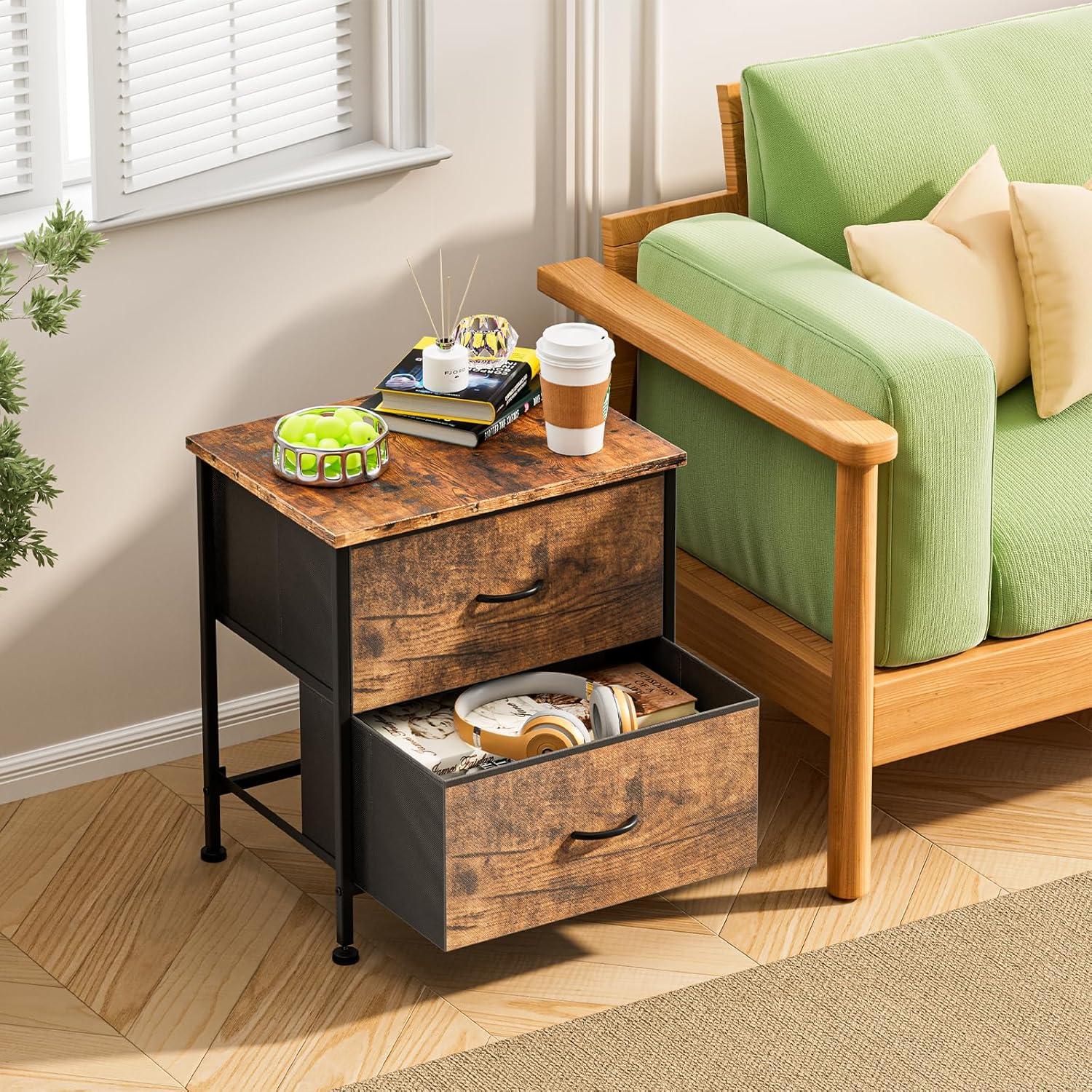 Nightstand with 2 Drawers, Night Stand Dresser for Bedroom, Small Dresser with Fabric Bins, Leather Finish, Modern Bedside Table End Side Table for Living Room, Dorm, Closet, Nursery, Brown