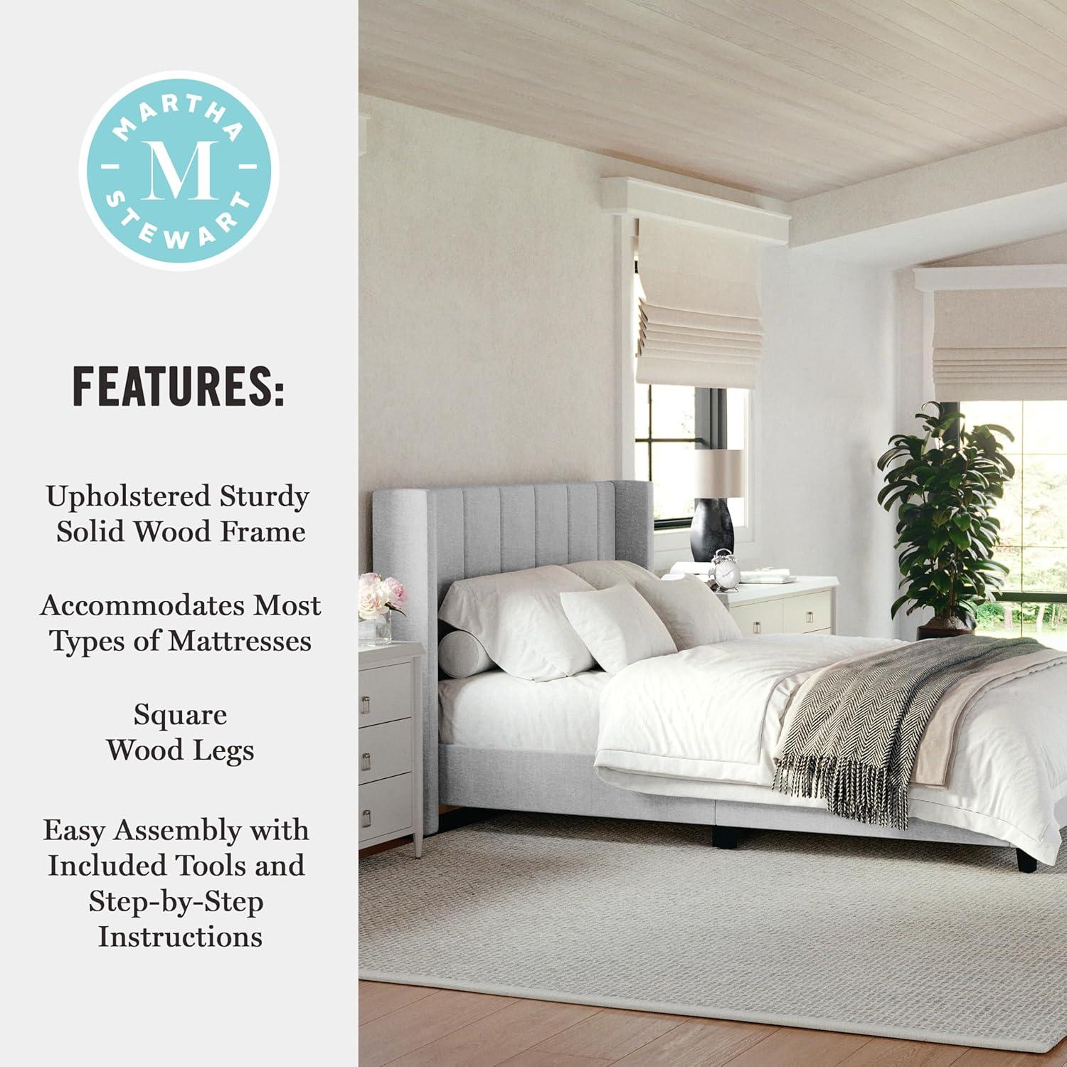 Martha Stewart Kay Upholstered Platform Bed With Channel Stitched Wingback Headboard