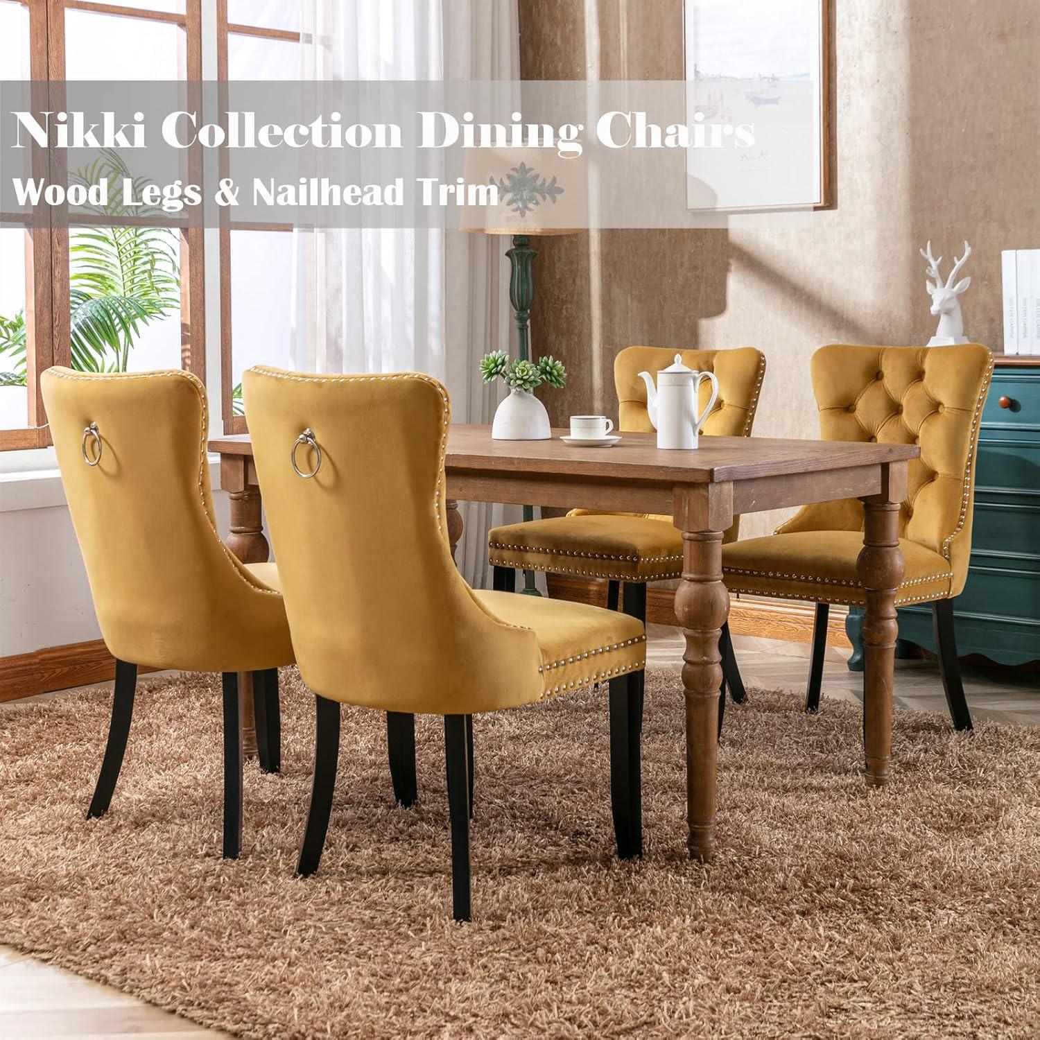 ODUSE-DAILY Yellow Velvet Dining Chairs Set of 4, Kitchen & Dining Room Chairs, Sillas De Comedor, Nailheads Tufted, Fabric Upholstered, Solid Wood (Gold, 4 Pcs)