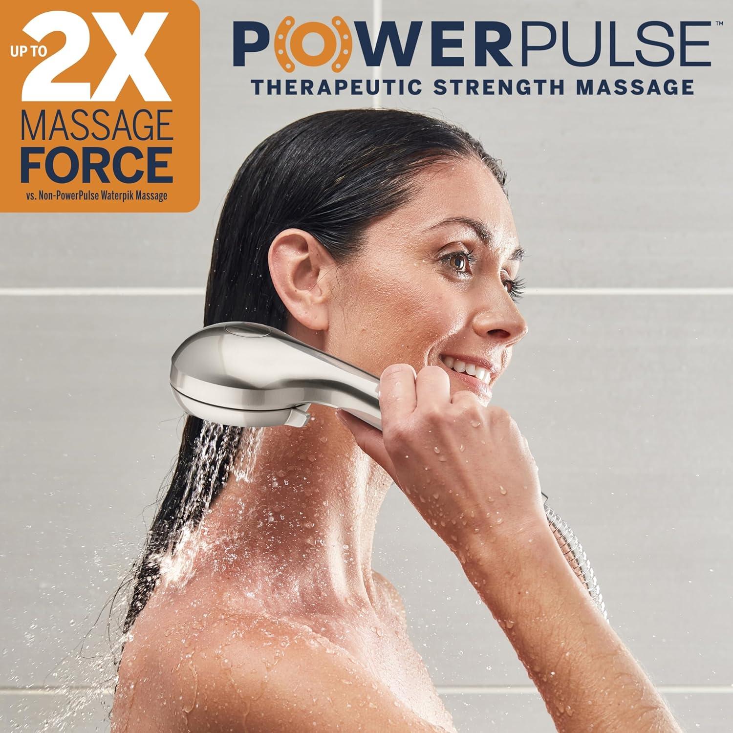 Waterpik High Pressure Hand Held Shower Head With Hose, PowerPulse Massage 6-Mode, Brushed Nickel XAL-649ME