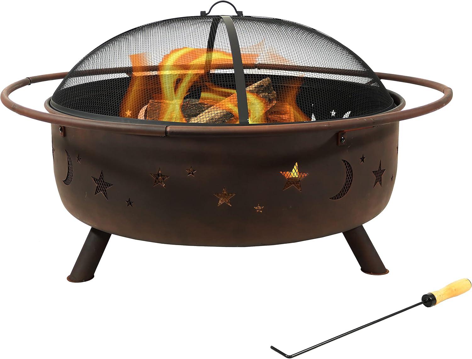 Sunnydaze Cosmic 42" Round Wood-Burning Bronze Finish Steel Fire Pit with Spark Screen