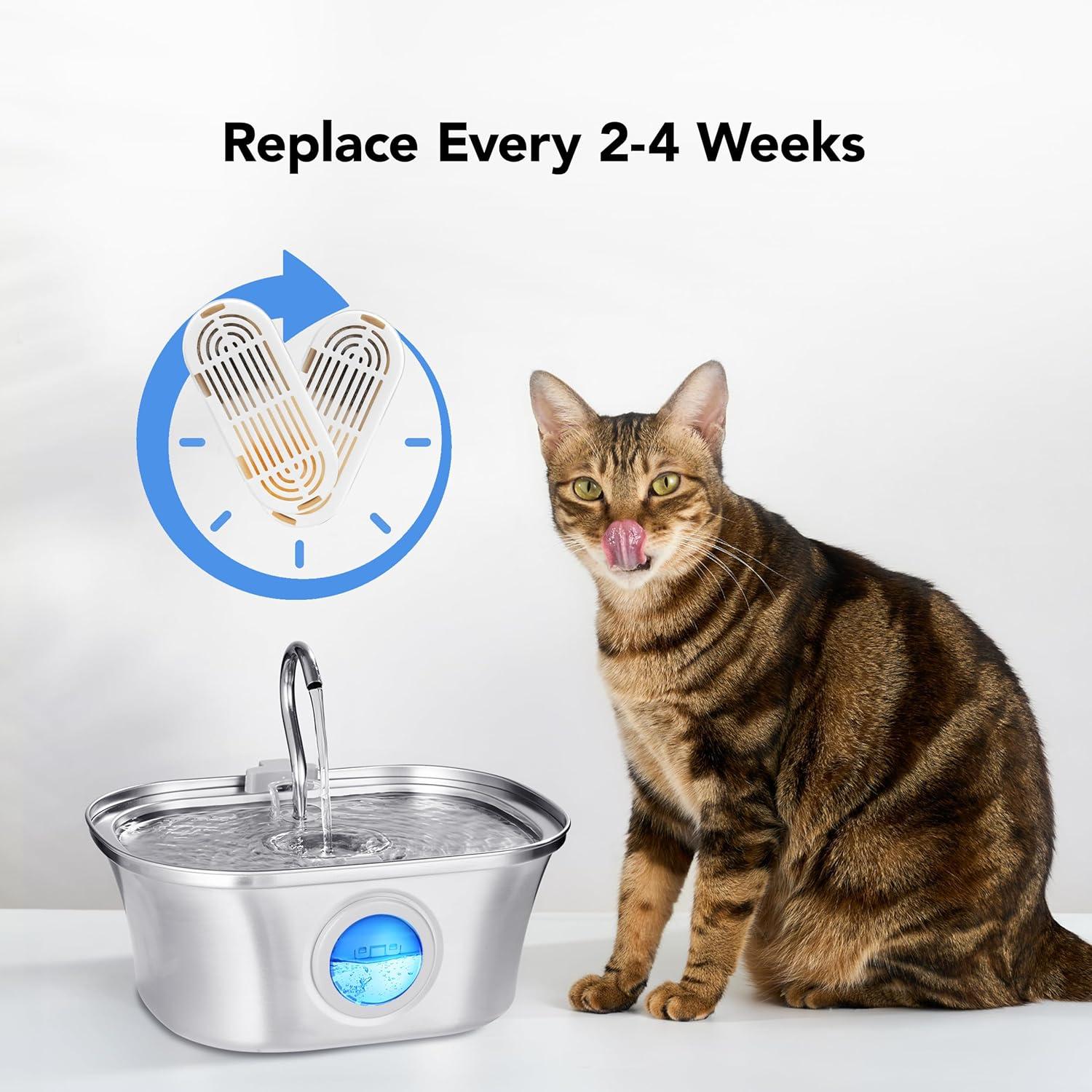 HICC PULE 108oz/3.2L Stainless Steel Cat Water Fountain - Ultra-Quiet Dog Water Dispenser with 3 Packs Filters & 3 Sponges Foam Filters