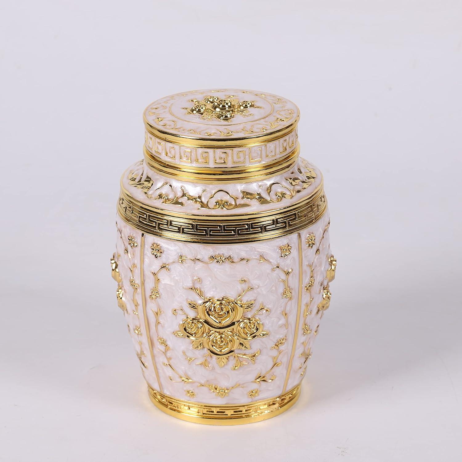 Gold and White Rose Embellished Medium Metal Urn