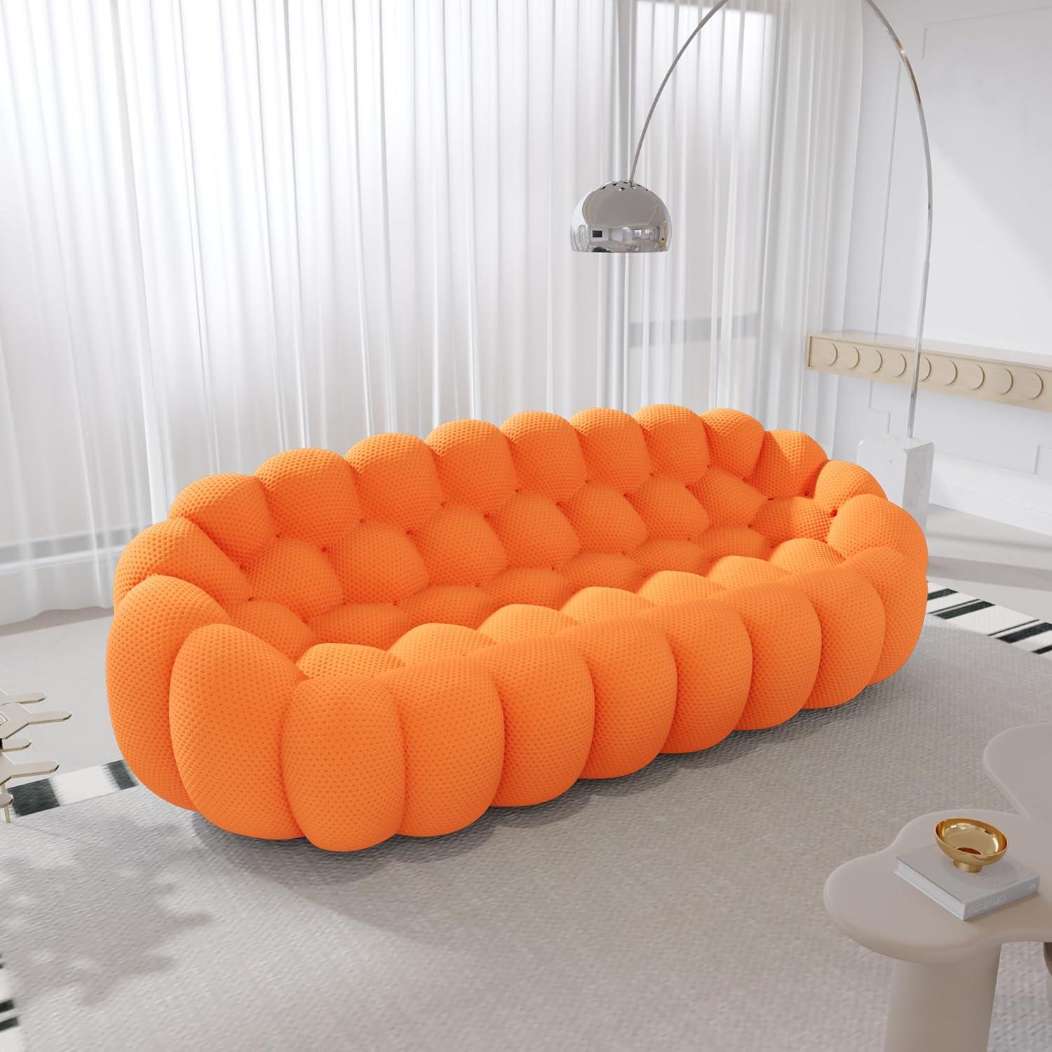 Bubble Couch, 98.43'' Modern 3-Seater Lazy Floor Couch, Memory Foam Bubble Round Sofa 3D Honeycomb Shape Curved Sofas for Living Room, Office, Apartment (Orange)