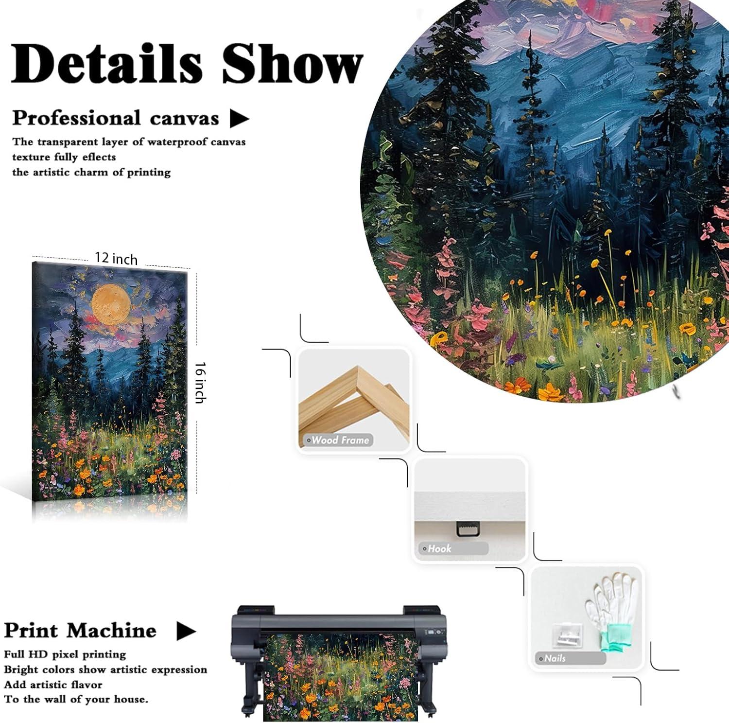 SFAOHPR Mystical Moon and Wildflowers Canvas Wall art Nature Flowers Oil Painting posters for room aesthetic Room Aesthetics Posters for Bedroom living room Home Decor ﻿12x16inch Unframed