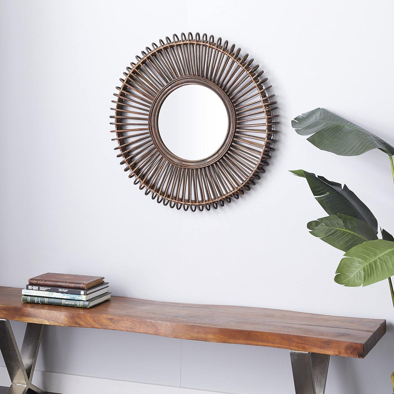 Sunburst Boho Chic Round Wall Mirror in Warm Brown Wood