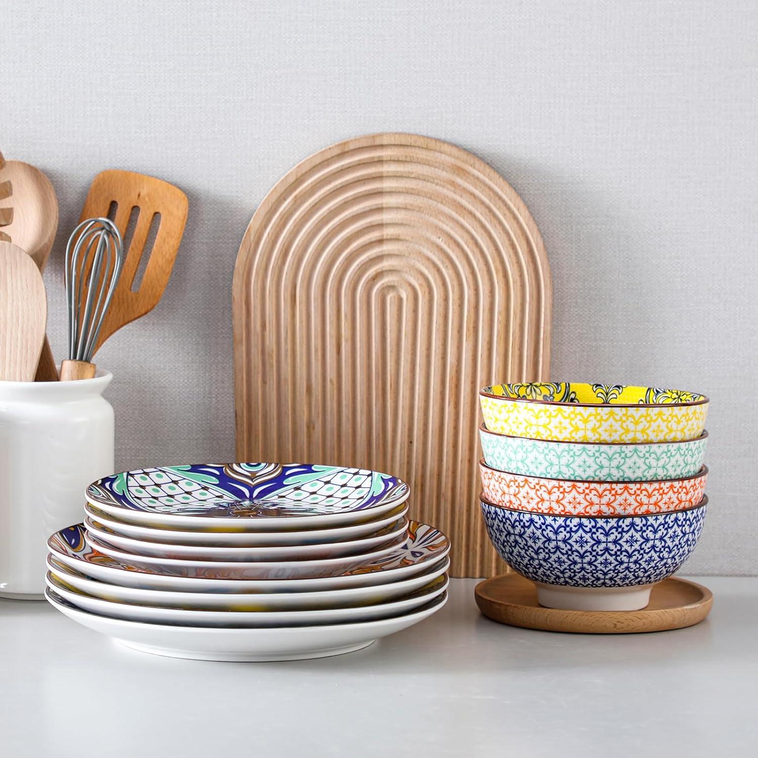 Bloomsbury Market Plates And Bowls Sets For 4,  Porcelain Dinnerware Sets Dishware Sets Chip Resistant Ceramic Dish Set Dining Dinner Ware Service, Series Jasmin,(12 Pieces/Mixcolor)