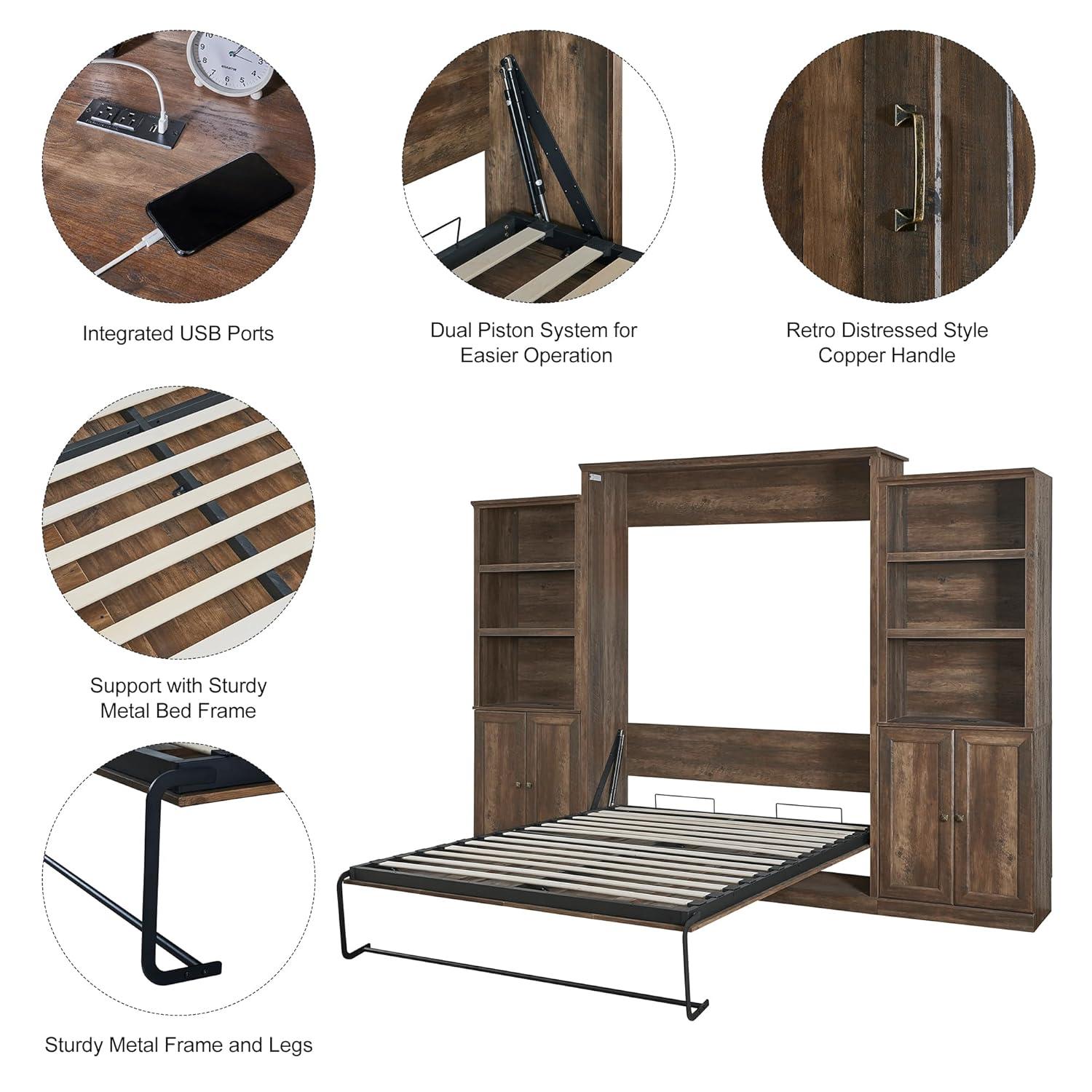 LUSPAZ Queen Size Half Self-Close and Open Murphy Bed with 2 Side Cabinet and Desk, Space-Saving Design Solid Pine Wood Foldable Pull Out Bed Cabinet, for Apartments, Bedrooms, Brown