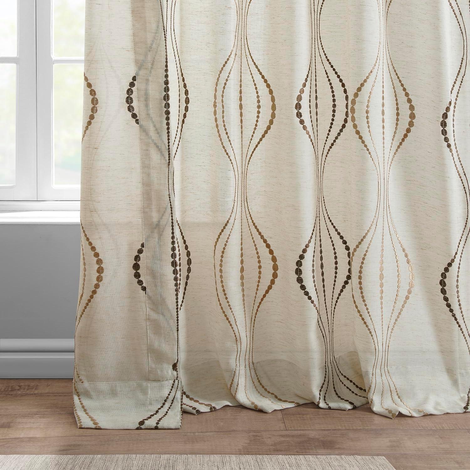 Suez Bronze Embroidered Faux Linen Sheer Curtain (1 Panel), Suez Bronze, 50W X 96L