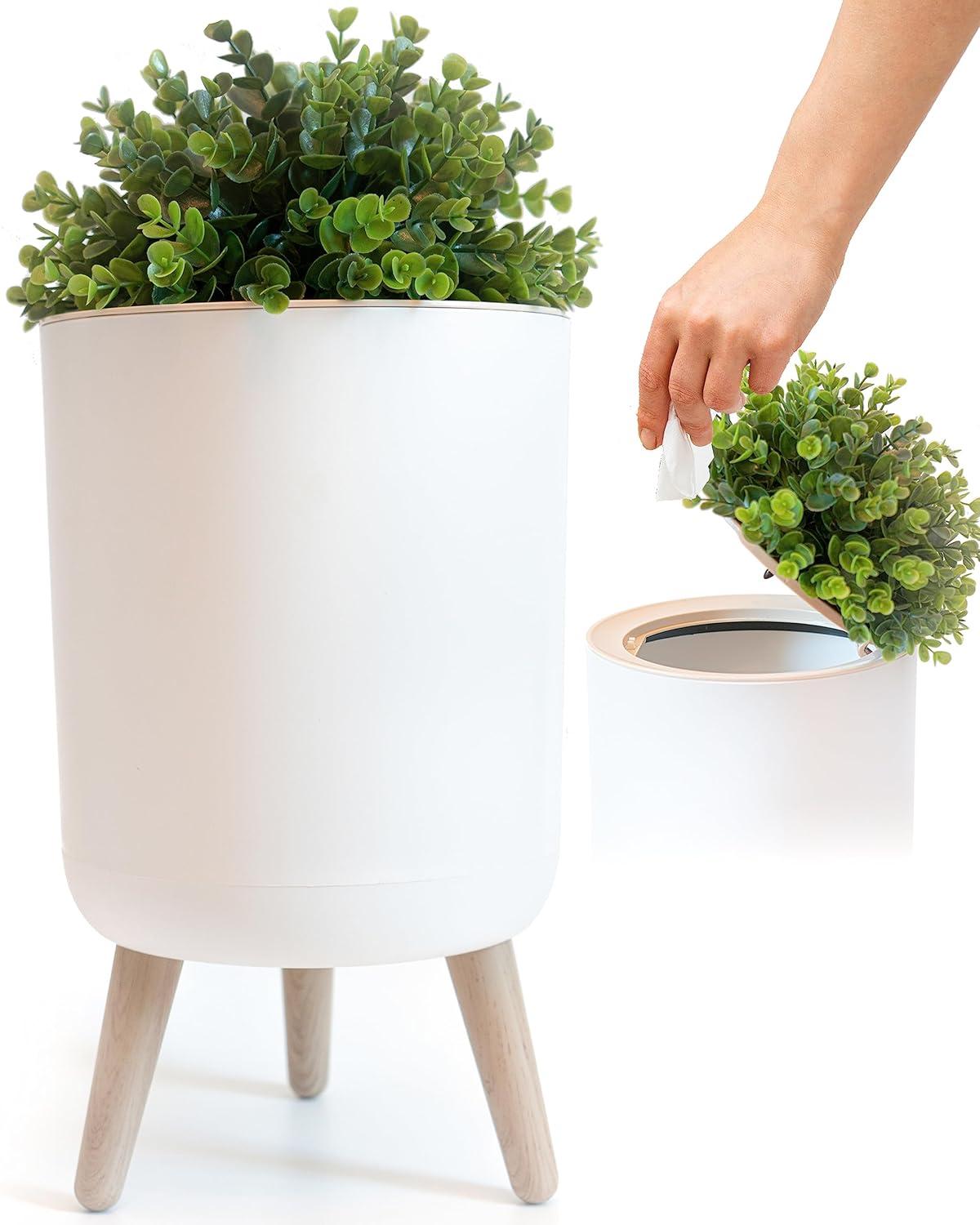 Small Bathroom Trash Can with Lid, Small Bathroom Garbage Can with Plant Style Lid, 1.8 Gallon, White, Perfect for Bedroom, Office, and Bathrooms, Trash Bin That Looks Like a Plant