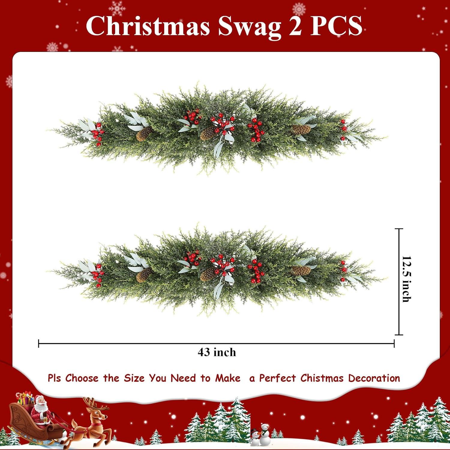 2PCS Christmas Swag For Front Door, 43" Artificial Decorative Swag Decoration With Pine Cone, Berries For Indoor & Outdoor Window Wall Fireplace Mantle Home Holiday Xmas Decor Swag