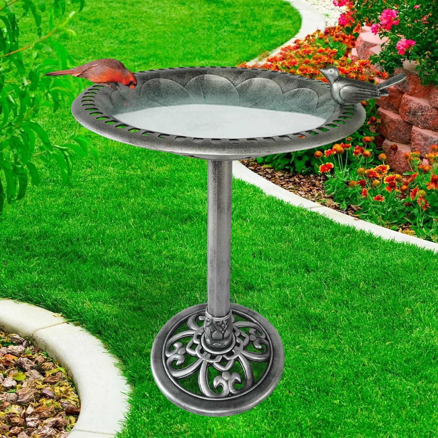 30 Inch Silver Polyresin Outdoor Garden Bird Bath