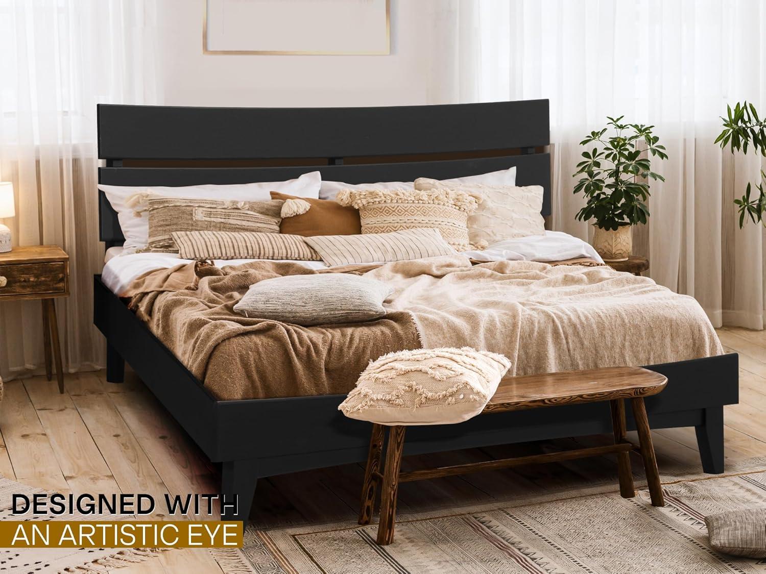 Acacia Aurora Premium Solid Wood Platform Bed Frame and High Headboard, King Bed Frame with Headboard Included, Mid Century Modern Bed with 5 years Warranty