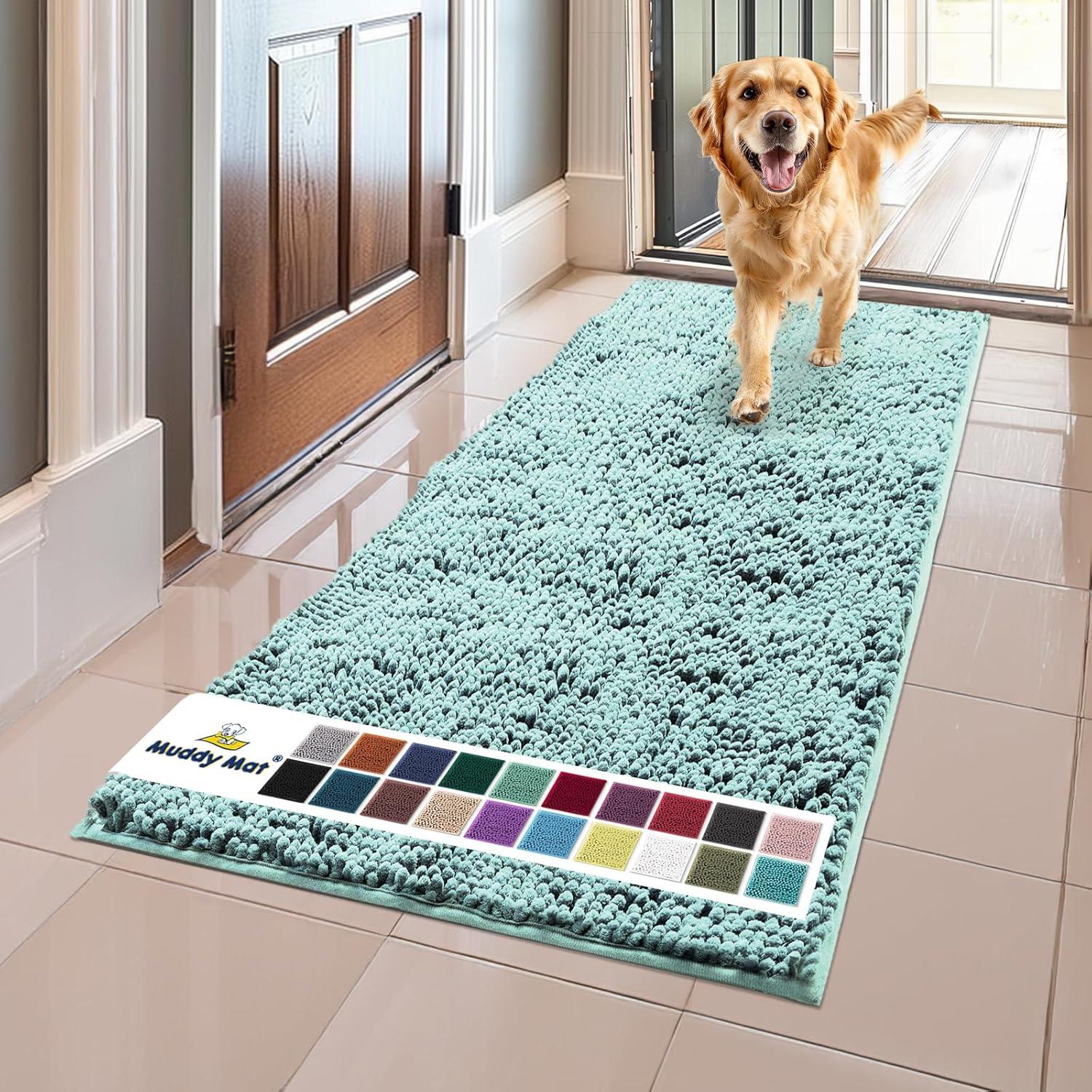 Muddy Mat Highly Absorbent  Soft Chenille Door Mat and Pet Rug Non Slip Thick Washable Mat for Indoor and Outdoor-Seafoam Green Runner 24"x60"