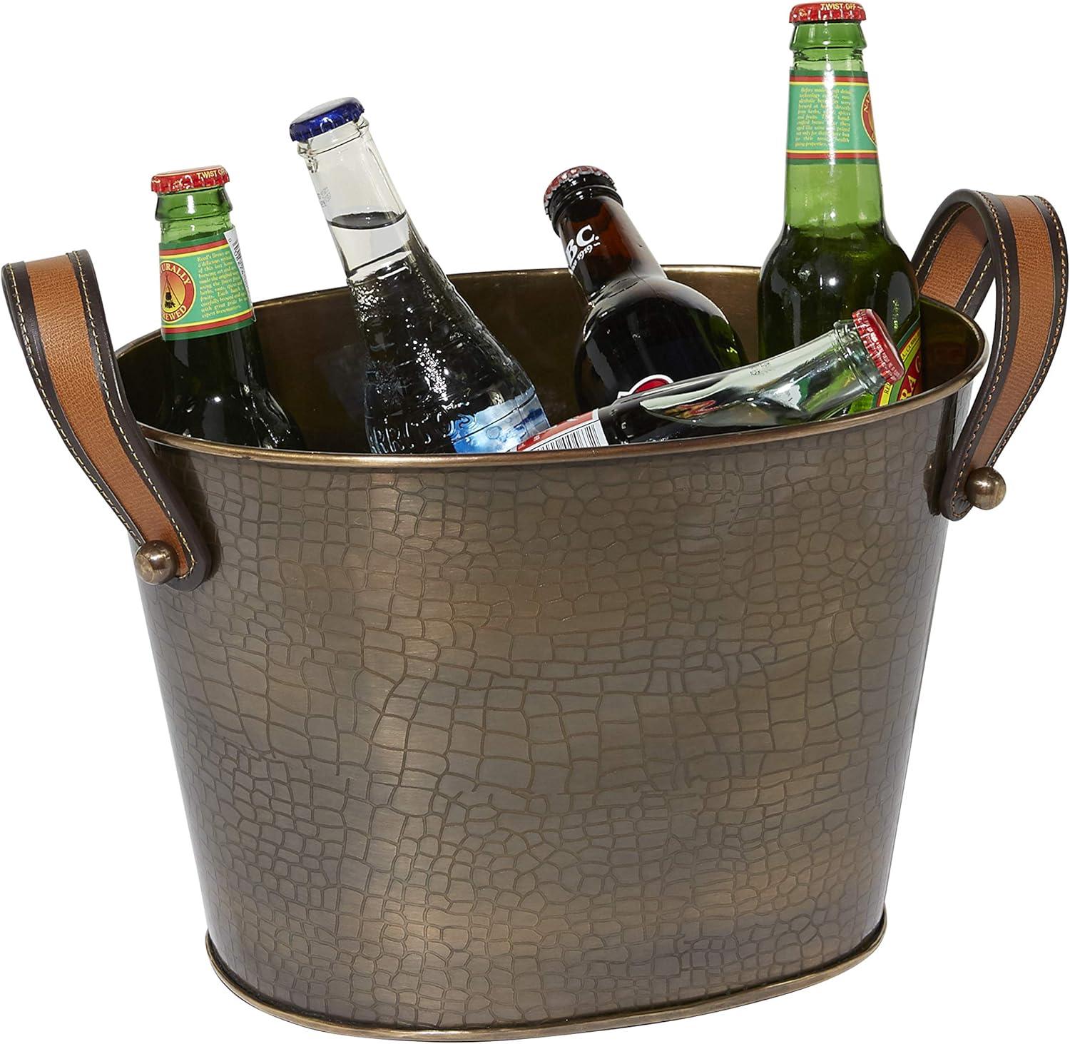 DecMode Oval Metal 6 Bottles Bronze Ice Bucket with Leather Strap Handles