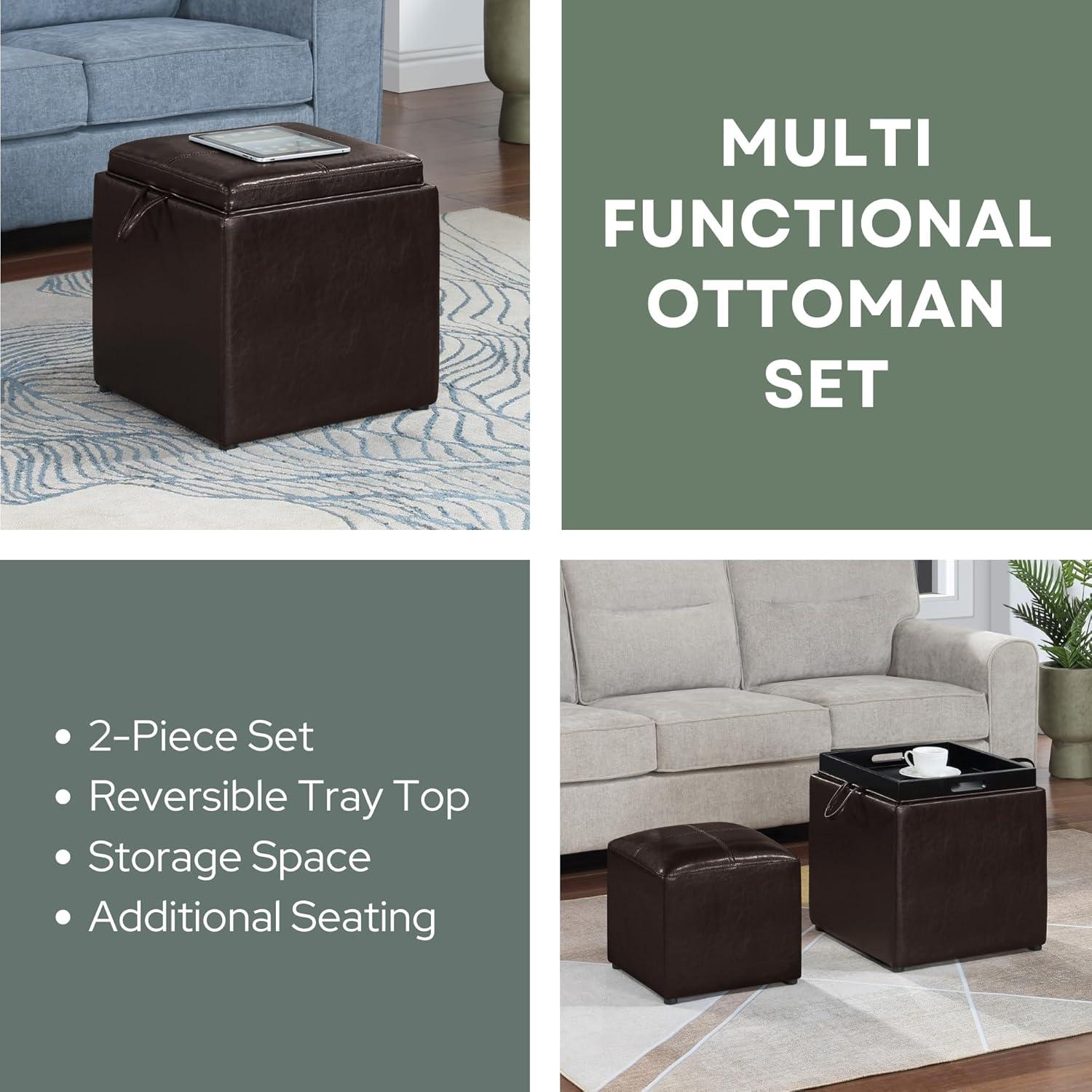 Espresso Faux Leather Ottoman with Reversible Tray and Footstool