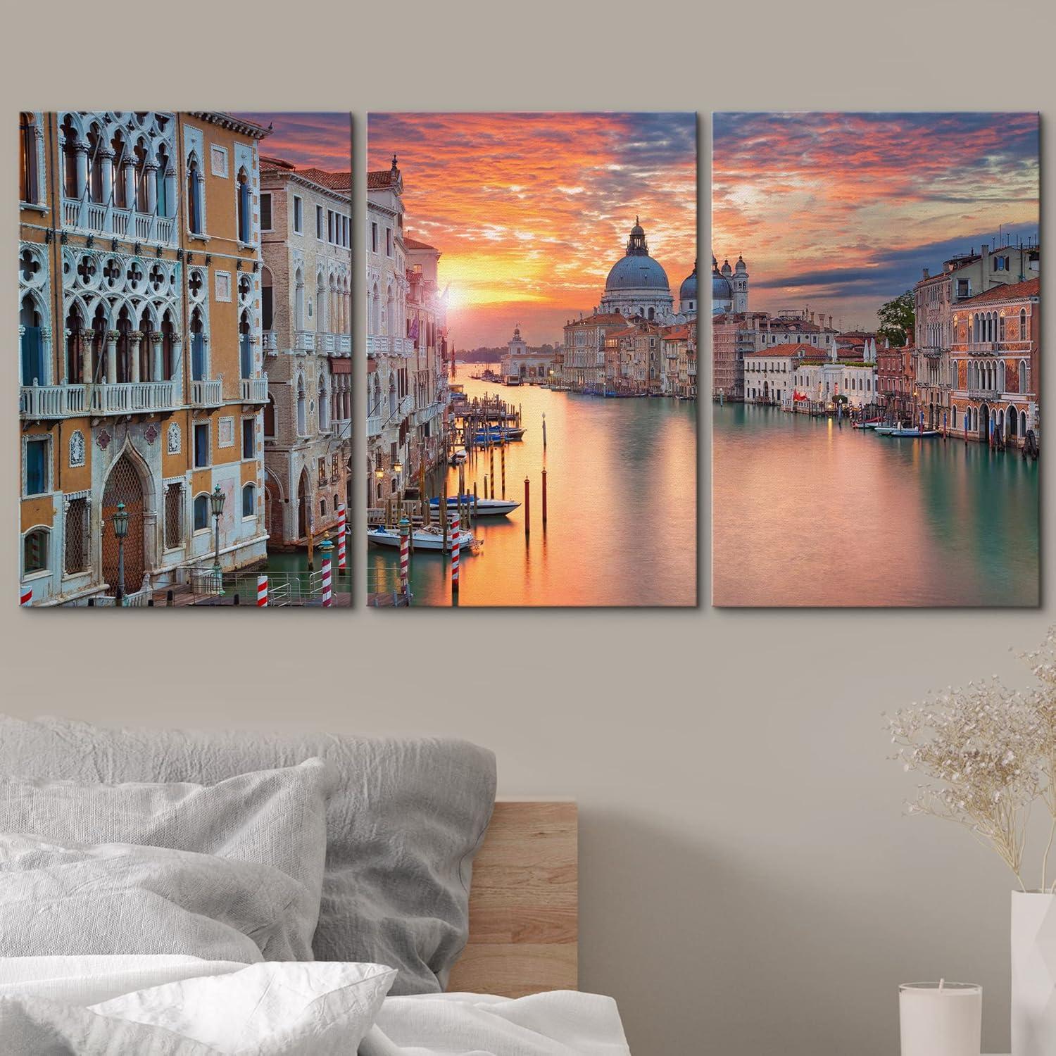 wall26 - 3 Piece Canvas Wall Art - Venice. Image of Grand Canal in Venice, with Santa Maria Della Salute Basilica - Modern Home Art Stretched and Framed Ready to Hang - 16"x24"x3 Panels