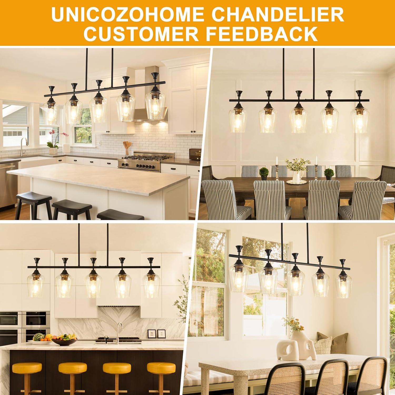 Black Farmhouse Chandelier, 5-Light Island Lights for Kitchen in Metal Finish with Clear Glass Shades, 37" Dining Room Chandelier, Linear Pendant Lighting for Foyer, Bar, Pool Table