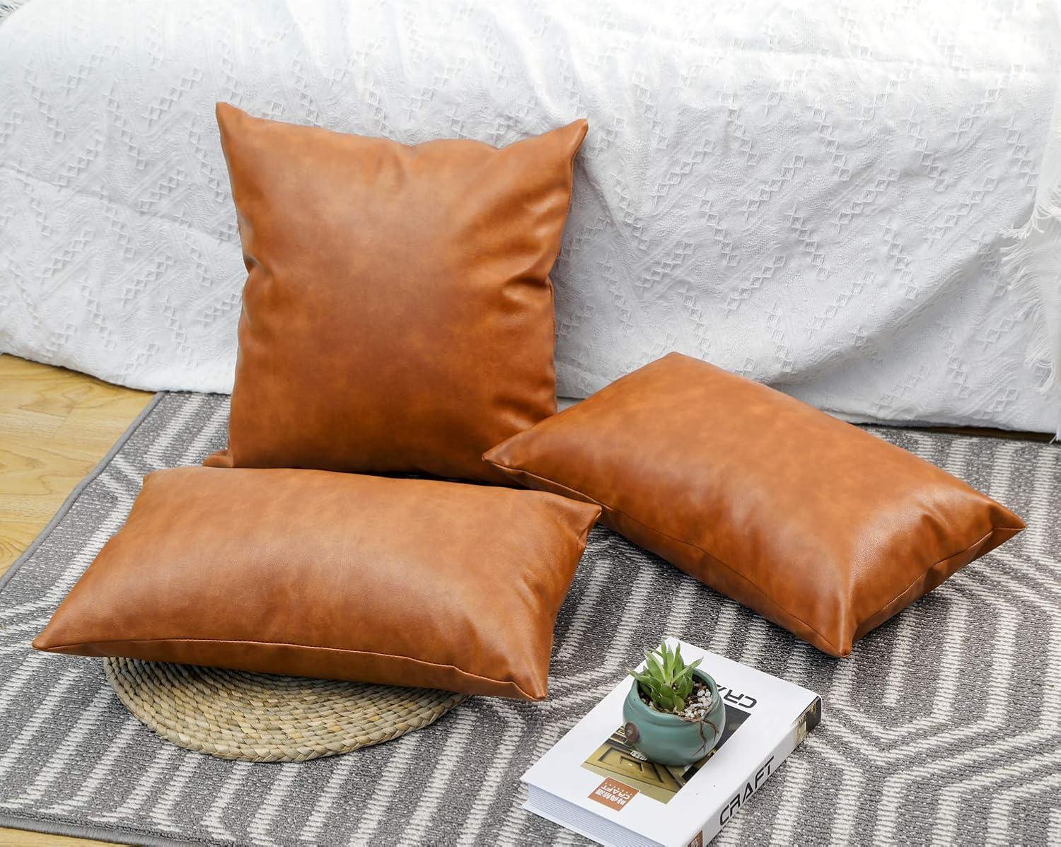 SEEKSEE Faux Leather Lumbar Pillow Cover 12x20 inch, Modern Country Style Decorative Lumbar Pillow for Bedroom Living Room Sofa Brown Accent Pillows.