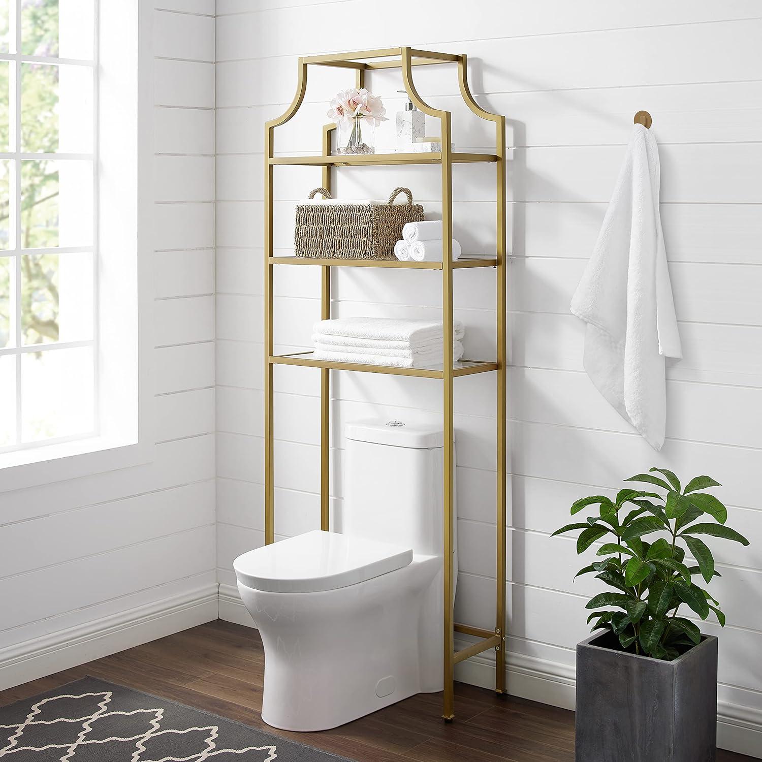 Soft Gold Pagoda-Inspired Over-the-Toilet Storage with Tempered Glass Shelves