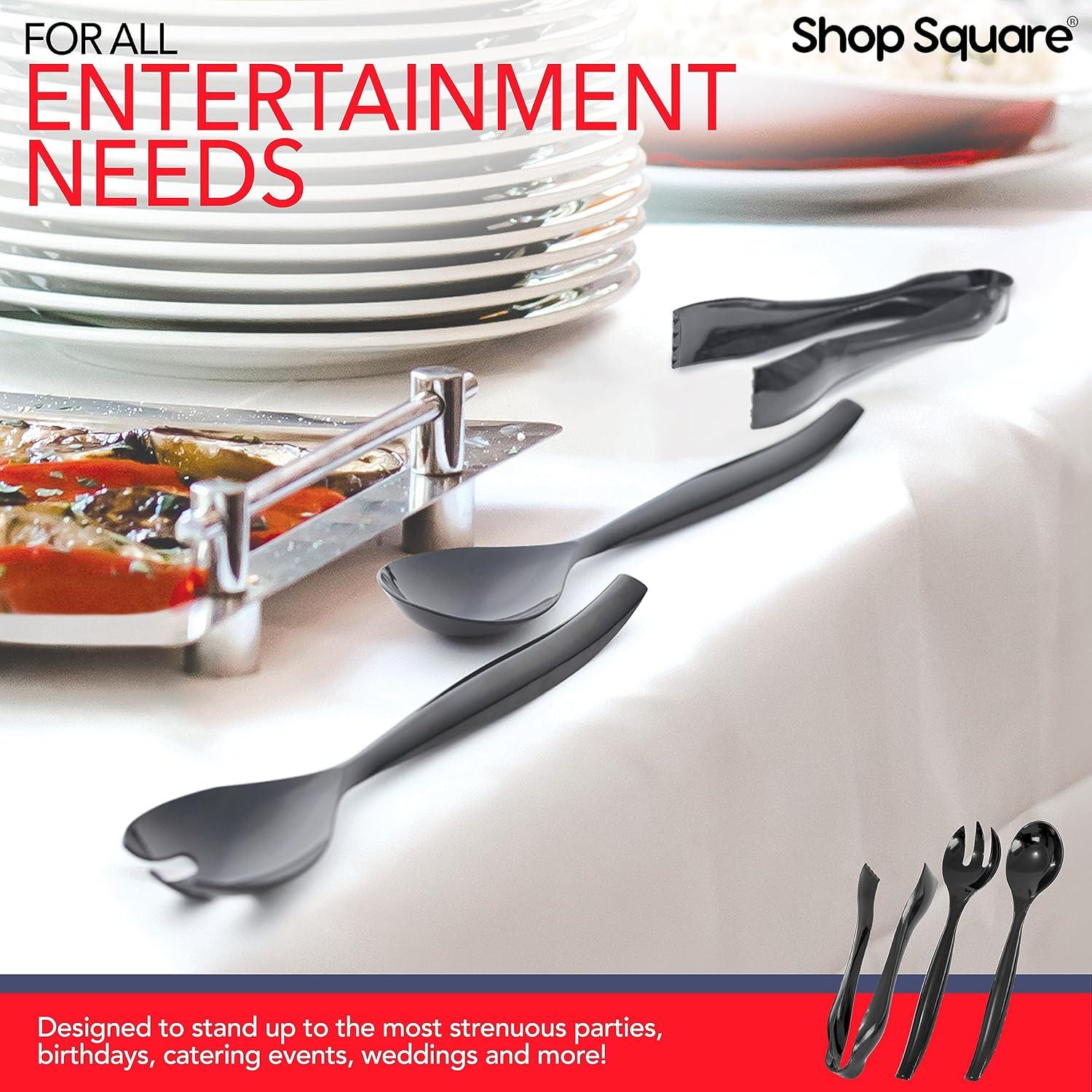 Disposable Serving Utensils - Set of 18 Party Utensils, 6 Each 6" Tongs, 10” Spoons, 10” Forks, Black