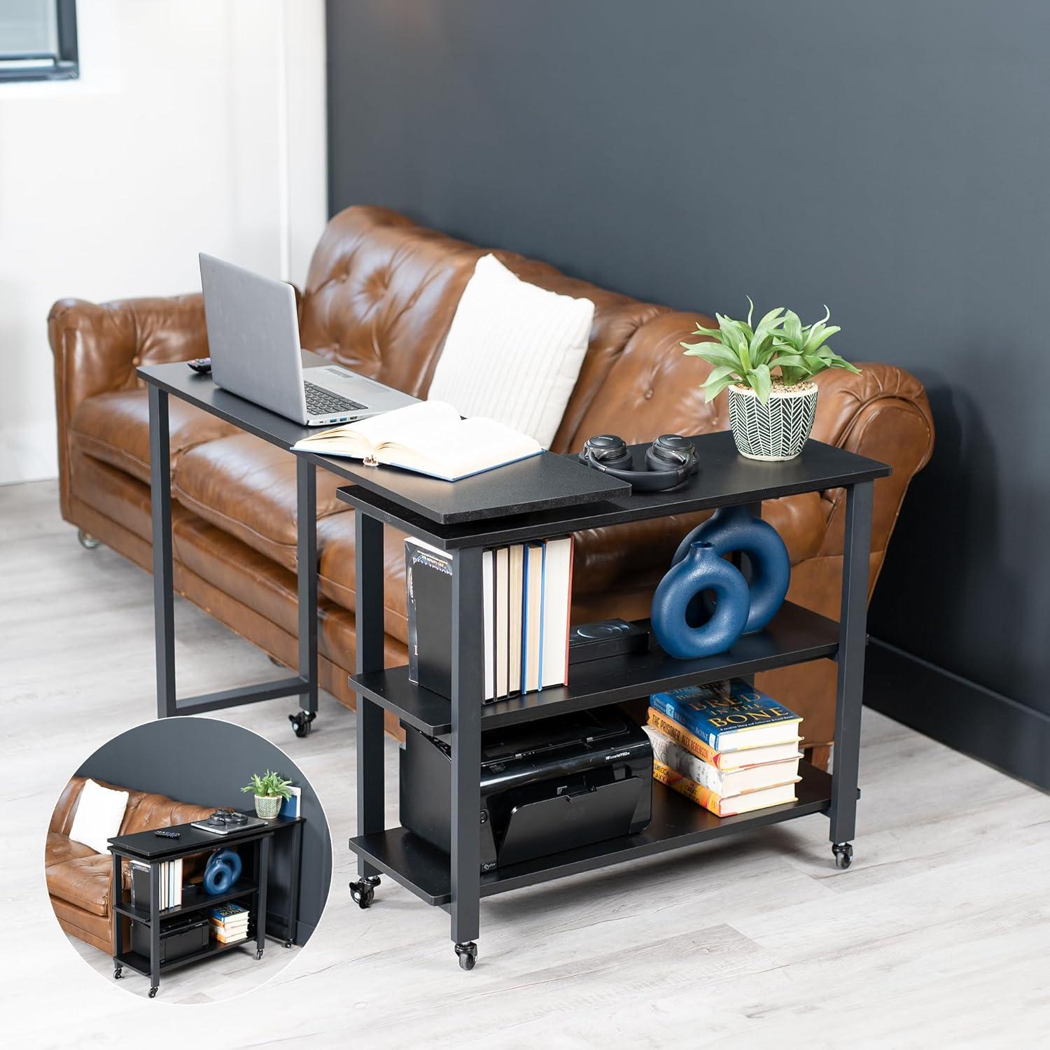Black Glossy Particle Board Mobile Corner Writing Desk with Drawer