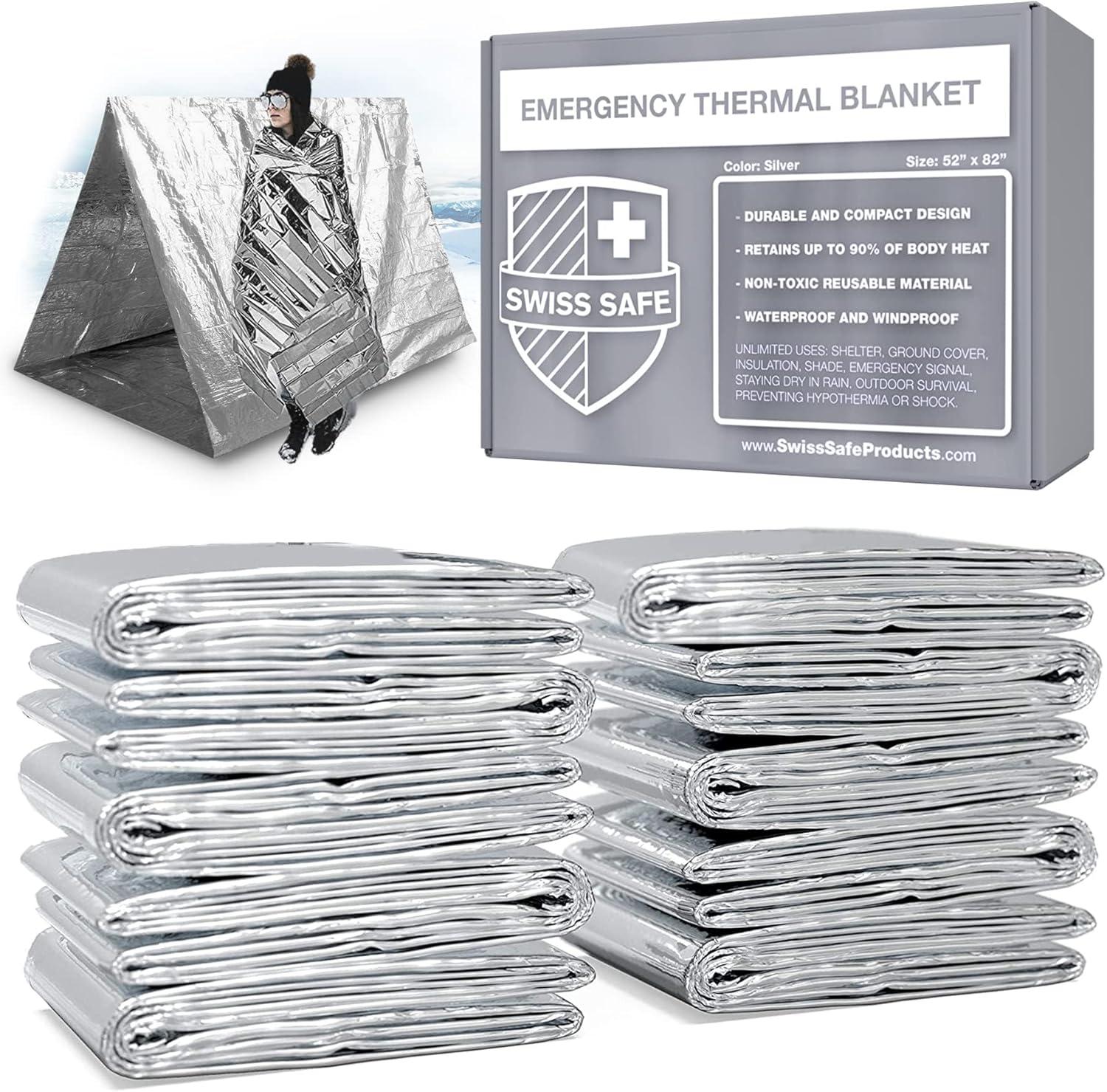 Swiss Safe Emergency Mylar Thermal Blankets Premium 12-Micron 52" X 82" Silver 10-Pack