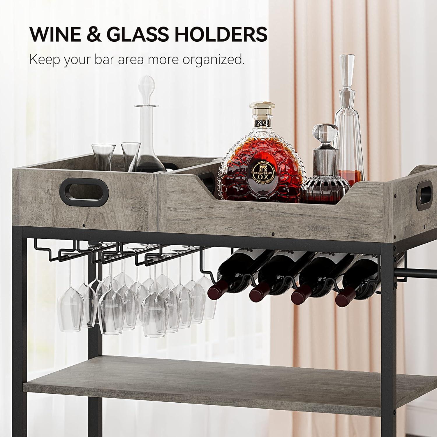 3 Tier The Home Grey Bar Cart with Wheels, Two Portable Trays, Wine Rack, Glasses Holder, Industrial Serving Cart for Kichen, Living Room, Dining Room