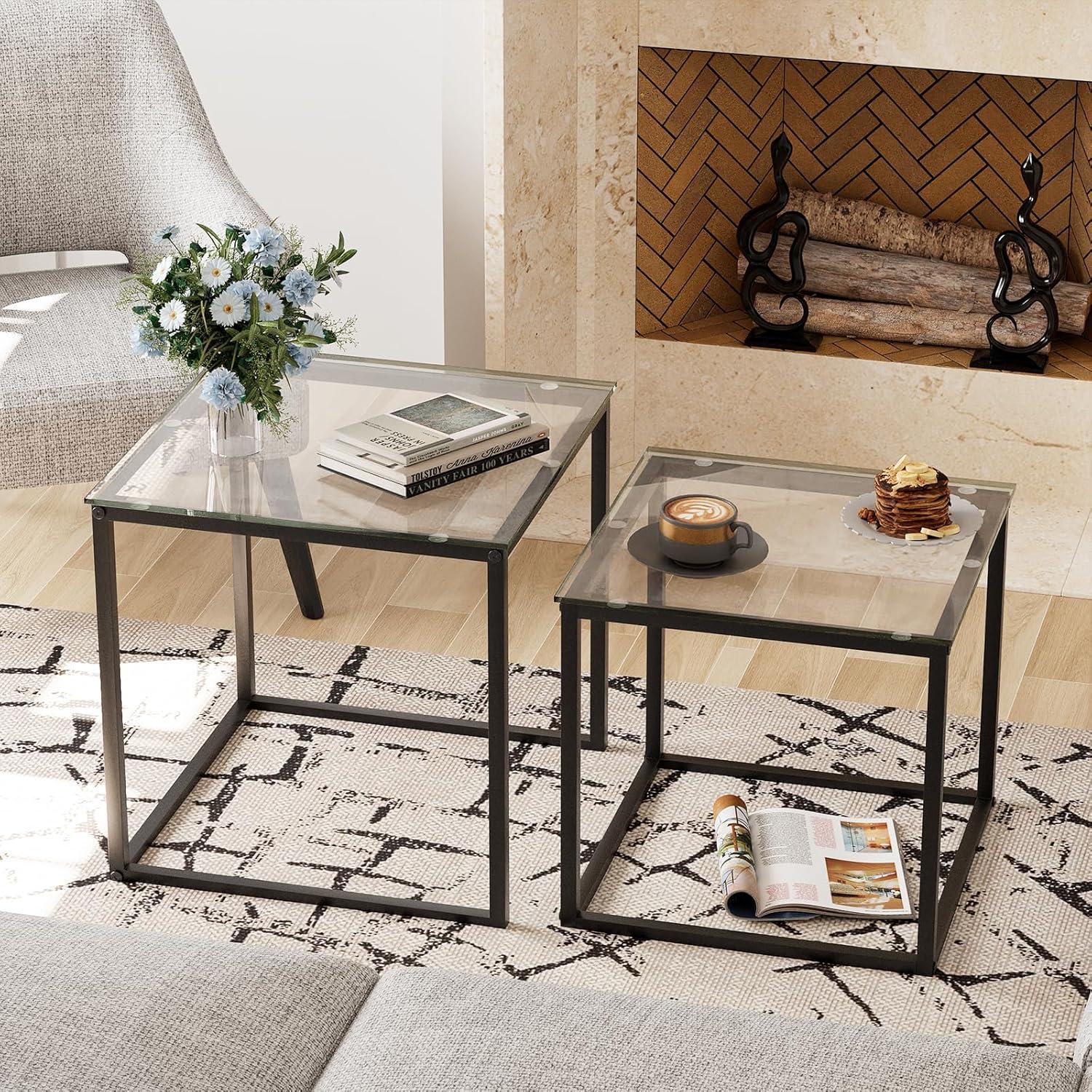 Coffee Table Set of 2, Modern Black Wooden Side Table, Metal Frame Square End Table, Center Tables,Nesting Coffee Table for Living Room,Bedroom and Small Spaces