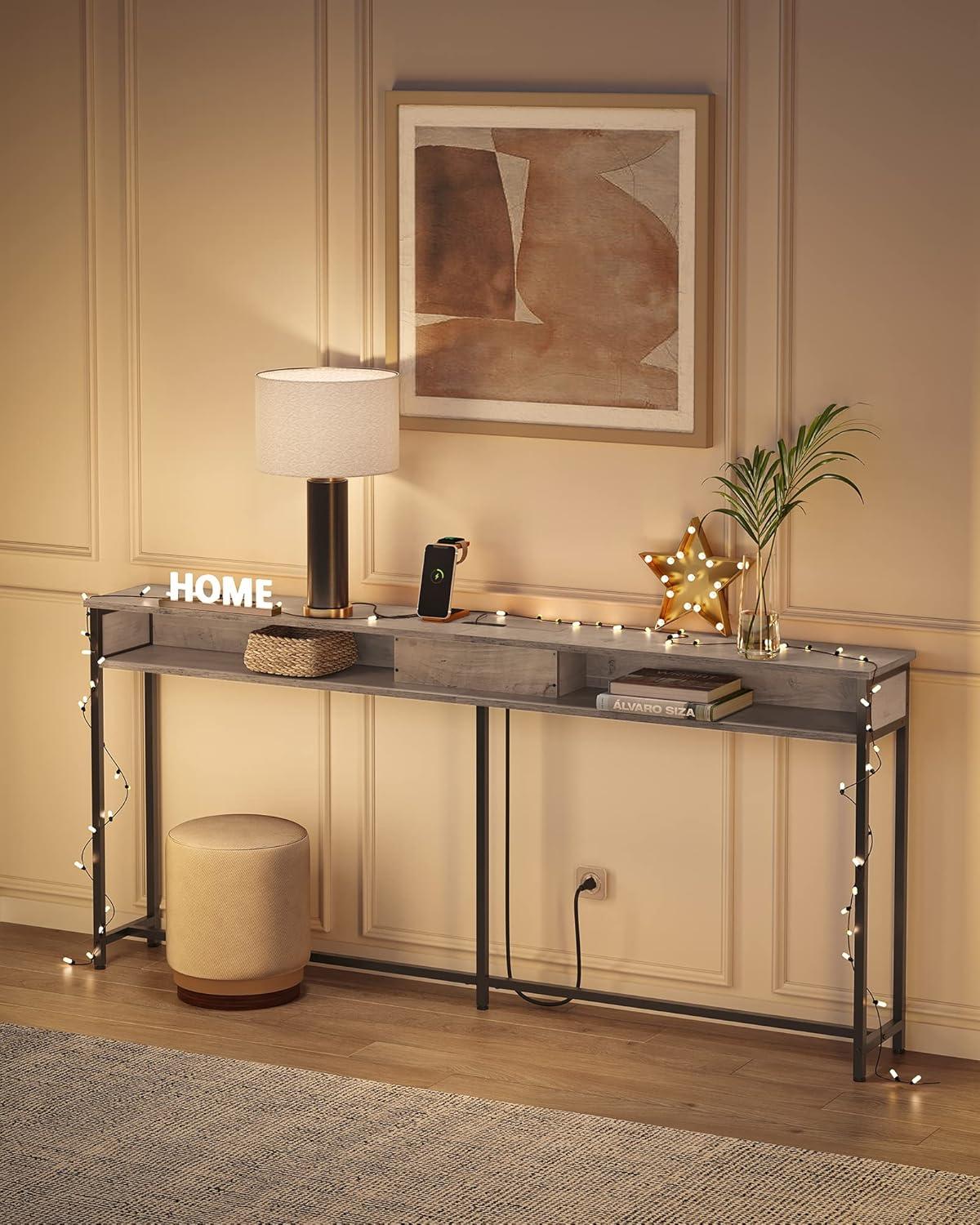 VASAGLE Narrow Console Table 70.9" with 2 Outlet and 2 USB Ports Sofa Table with Charging Station Long Entryway Table for Hallway Living Room Greige and Black