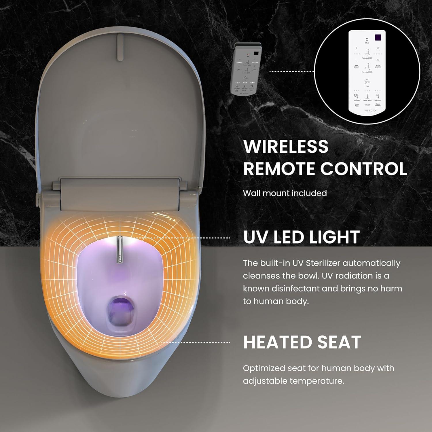 VOVO STYLEMENT VB 6000SE Electronic Smart Bidet Toilet Seat Heated Seat Warm Dry and Water LED Nightlight One piece Toilet Bidet Seat Elongated White