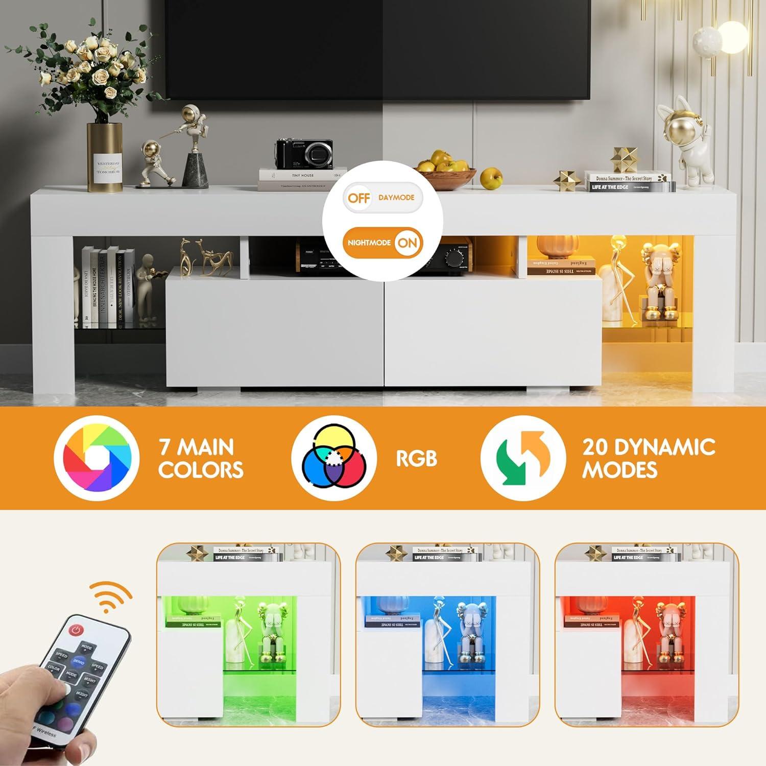 YESHOMY Modern LED TV Stand for Televisions up to 70 Inch with Glass Shelves and Drawer, Gaming Entertainment Center with Multiple Dynamic RGB Modes, for Livingroom, Bedroom, 60 Inch, White