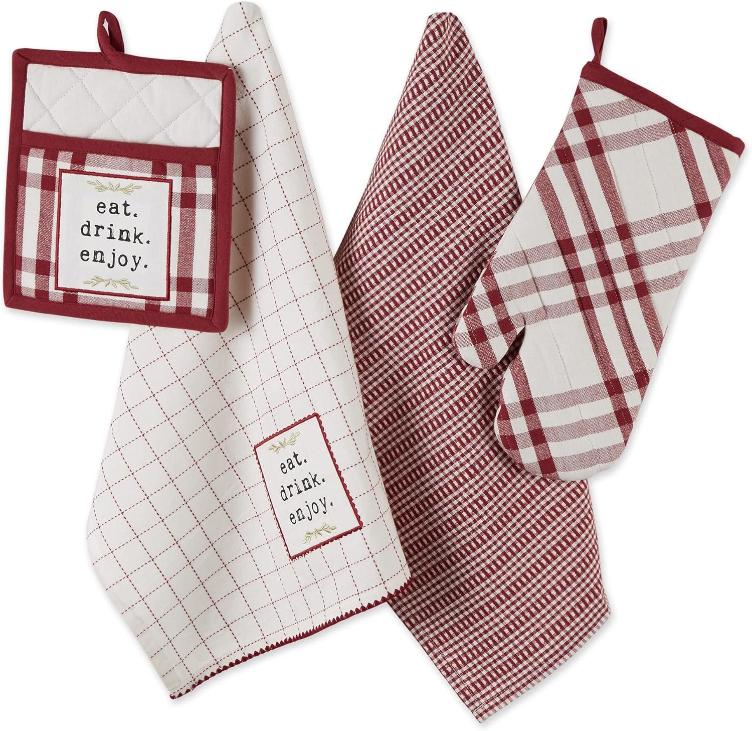 Barn Red and White Cotton Kitchen Set, 4-Piece