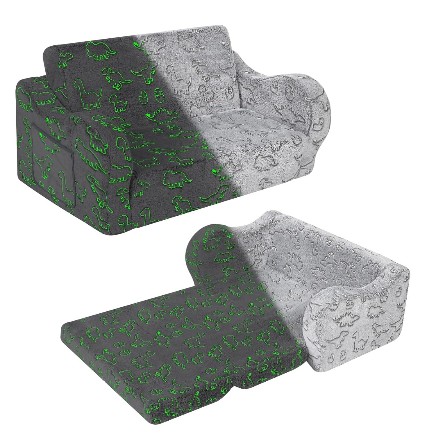 Kids Extra Wide Glow in The Dark Chairs for Toddler, 2-in-1 Toddler Soft Sherpa Couch Fold Out, Convertible Sofa to Lounger for Girls and Boys, Dark Grey