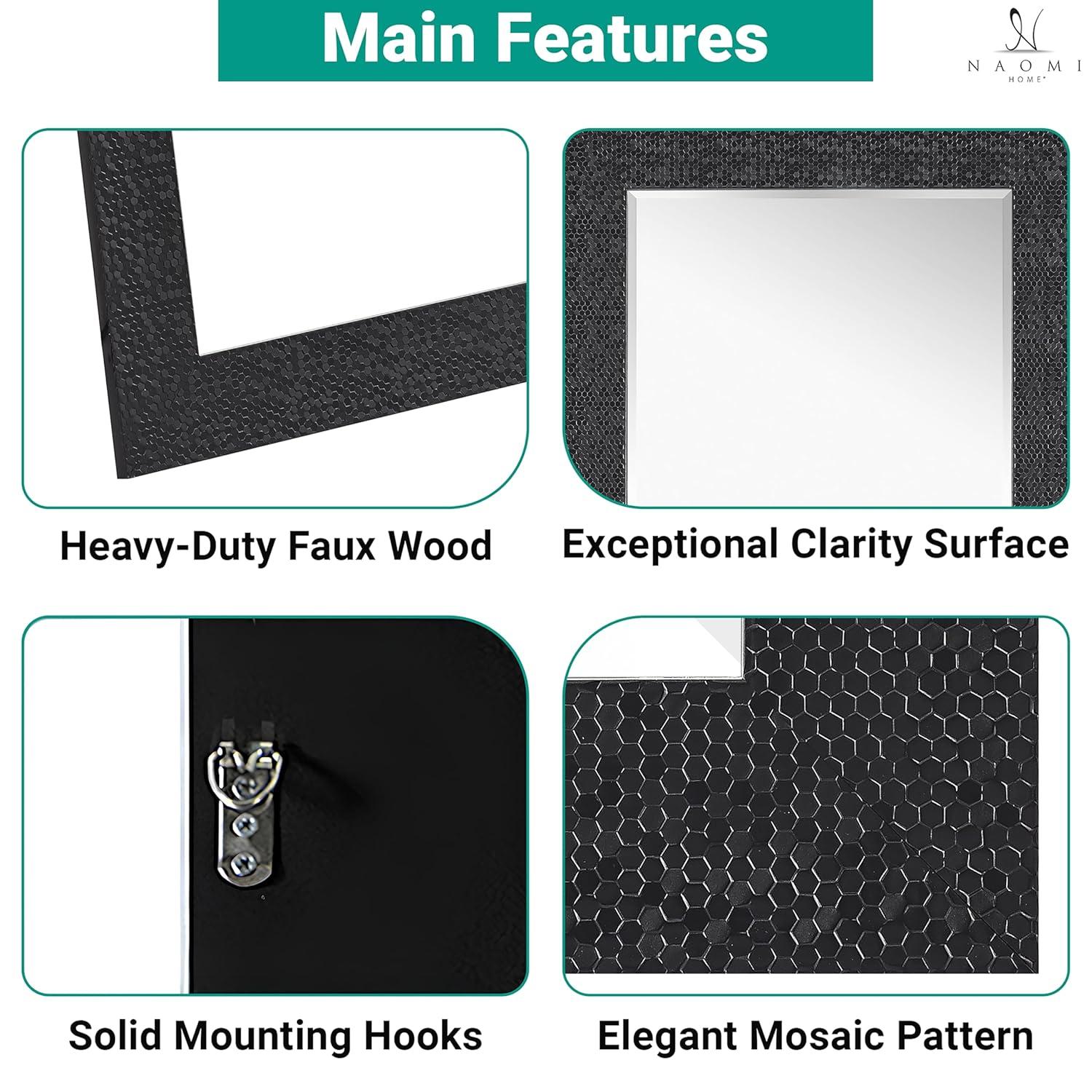 Elegant Full-Length Rectangular Wood Mirror with Gold Mosaic Frame