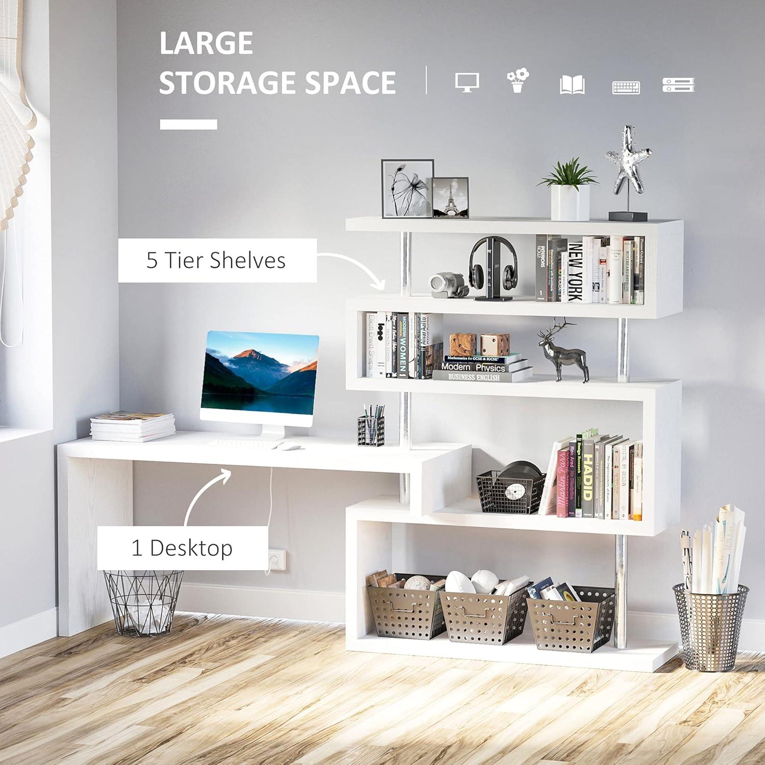 HomCom Modern L-Shaped 360° Rotating Computer Desk Corner Home Office Study Workstation with 5-Tier Storage Shelves, Bookshelf, White