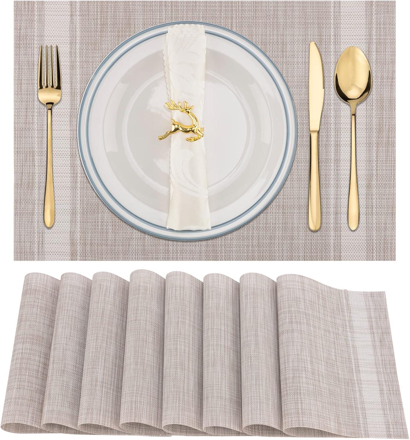 Set of 8 Heat-Resistant Placemats Stain Resistant Anti-Skid Placemats for Kitchen Table, Washable Durable PVC Table Mats Woven Vinyl Placemats Beige