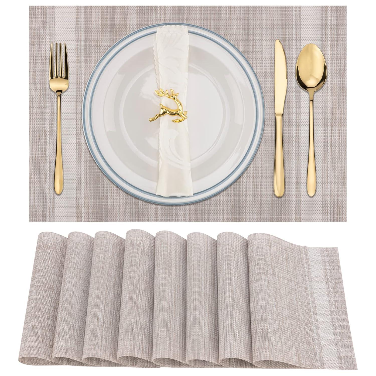Set of 8 Heat-Resistant Placemats Stain Resistant Anti-Skid Placemats for Kitchen Table, Washable Durable PVC Table Mats Woven Vinyl Placemats Beige