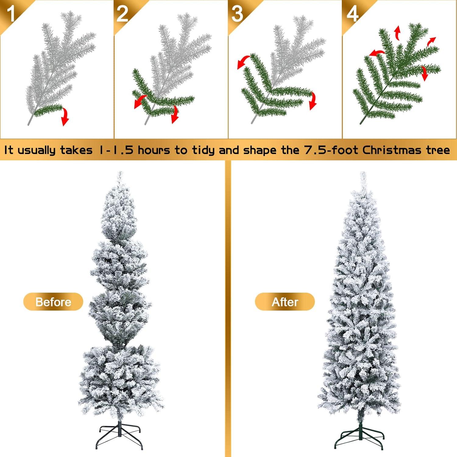 7.5ft Pre-lit Snow-Flocked Kingswood Fir Pencil Artificial Christmas Tree