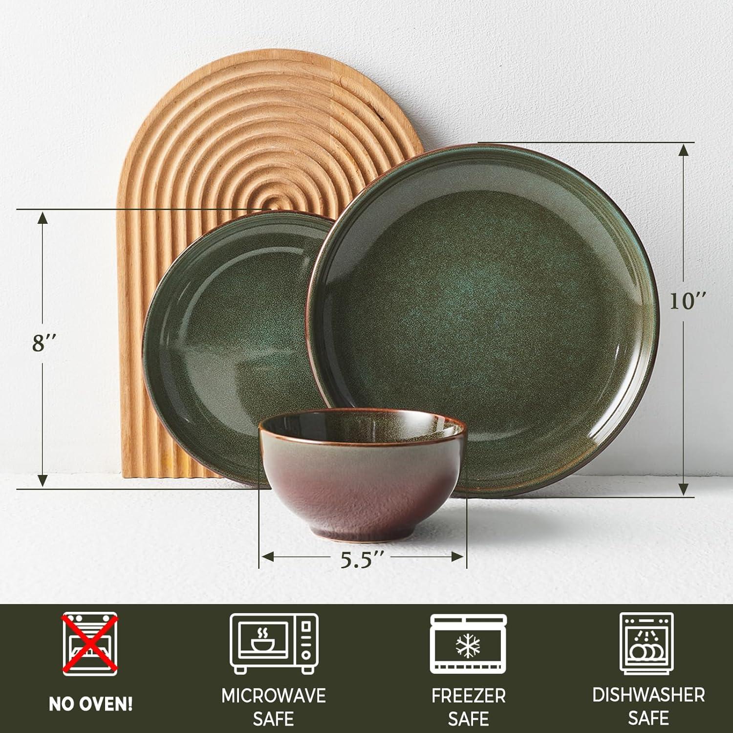 Orren Ellis Stoneware Dinnerware Sets Service For 4, 12 Pcs Reactive Glaze Plates And Bowls Sets, Handmade Ceramic Dish Set, Highly Chip And Crack Resistant Modern Plate Set, Sage Green