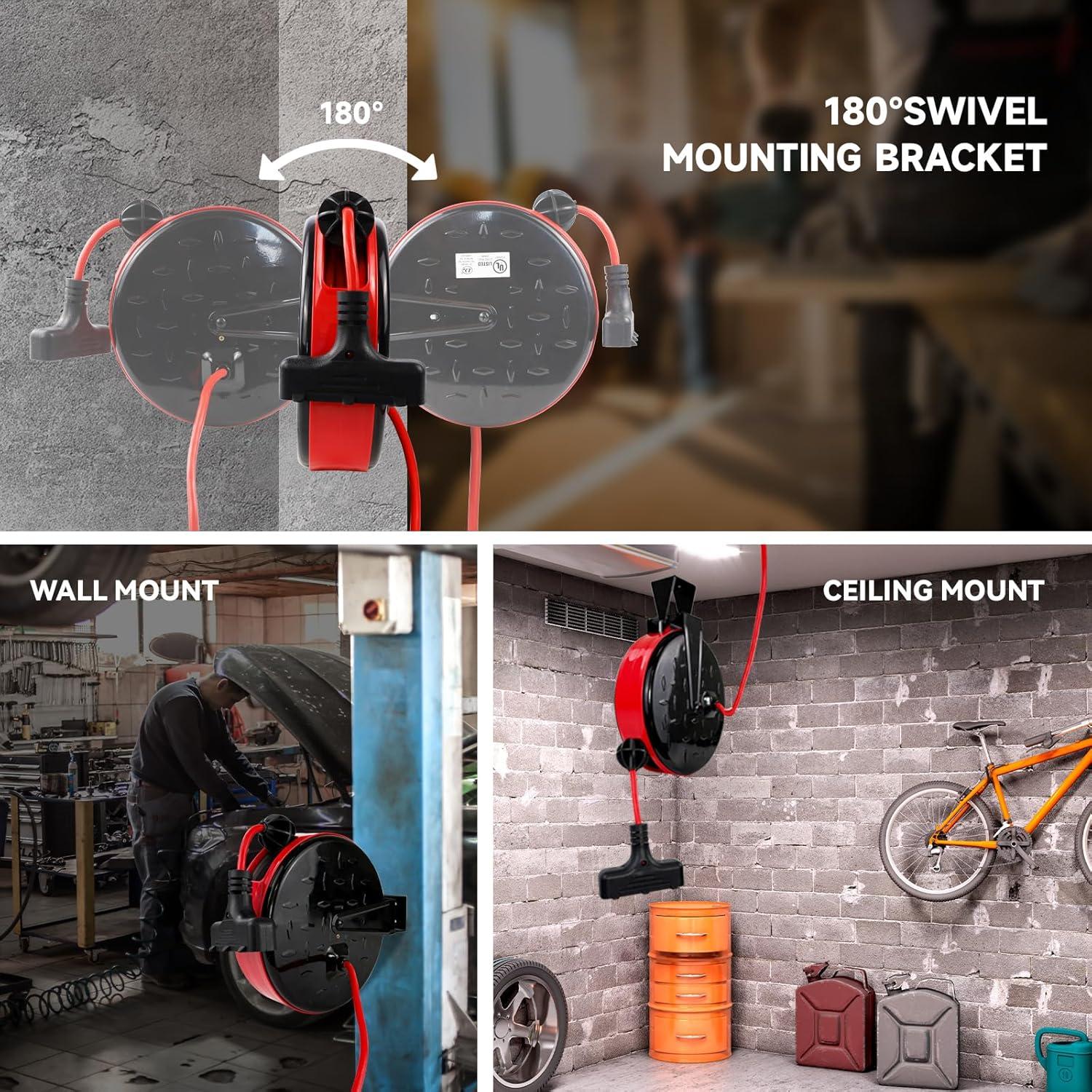 EP 30 Ft Retractable Extension Cord Reel, 16/3 SJTW Power Cord with 3 Electrical Outlets, Ceiling or Wall Mount, 10 Amp Circuit Breaker, Metal Plate, UL Listed, Red