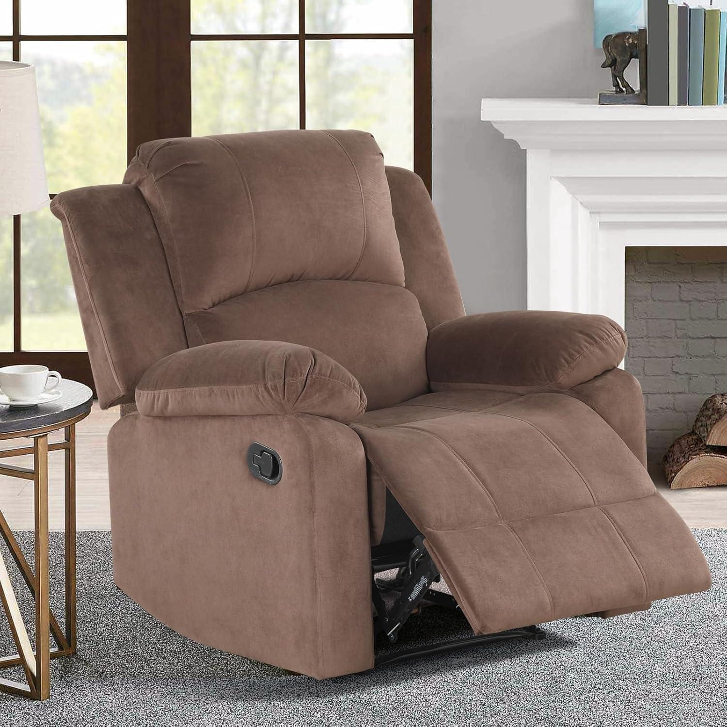 CANMOV Manual Recliner Chair, Soft Fabric Overstuffed Recliner Single Sofa Chair for Living Room Bedroom, Heavy Duty and Safety Reclining Mechanism, Light Brown