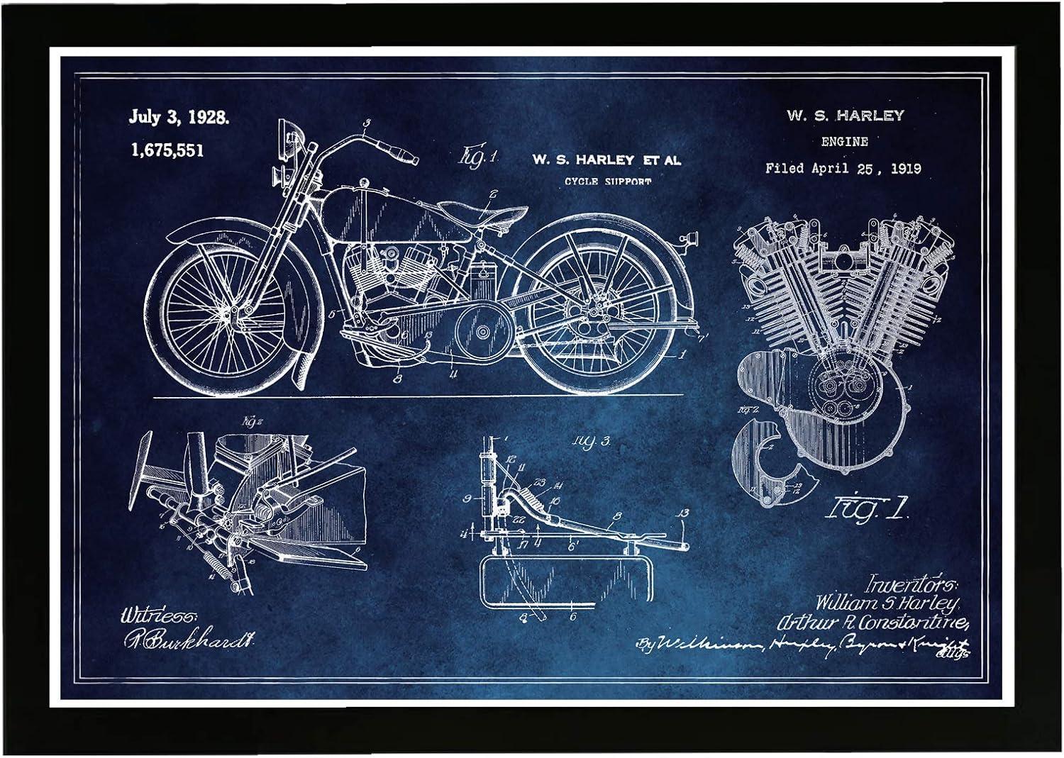 Wynwood Studio 21"x15" Harley Engine 1923 Horiz Blue Chalkboard Wall Art Black Frame: Modern Decor, Wood Composite