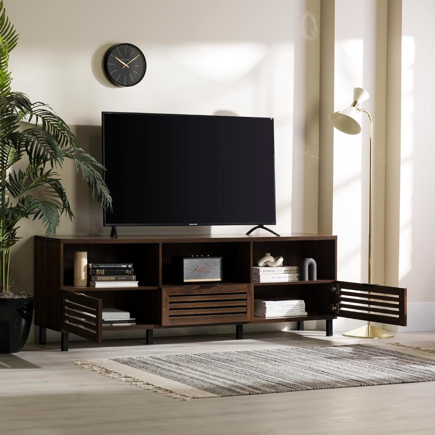 70-Inch Dark Walnut Slatted Wood TV Stand with Cabinets