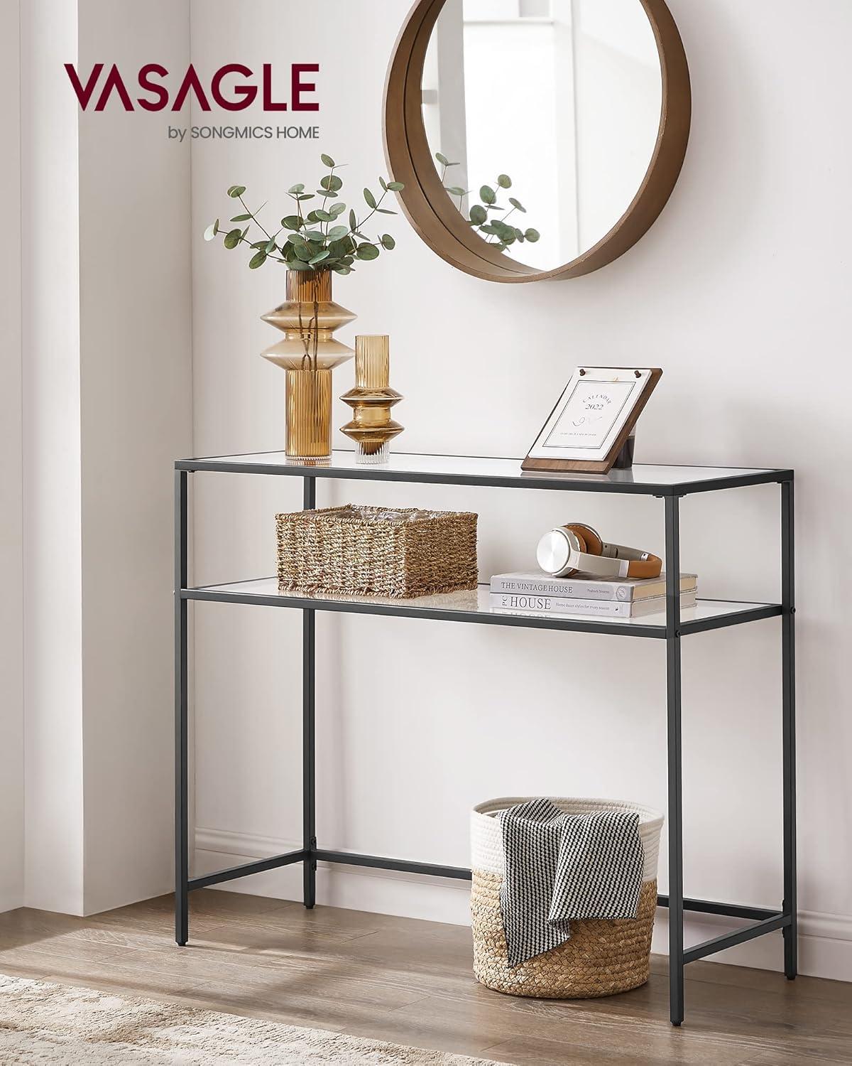 Black Metal and Glass Console Table with Storage Shelves