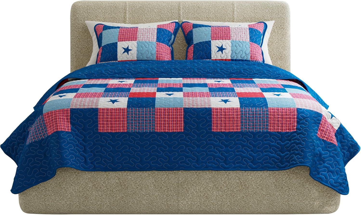 Lavish Home Caroline Quilt Set - Microfiber Americana Stars and Plaid Patchwork Bedding with 2 Pillow Shams