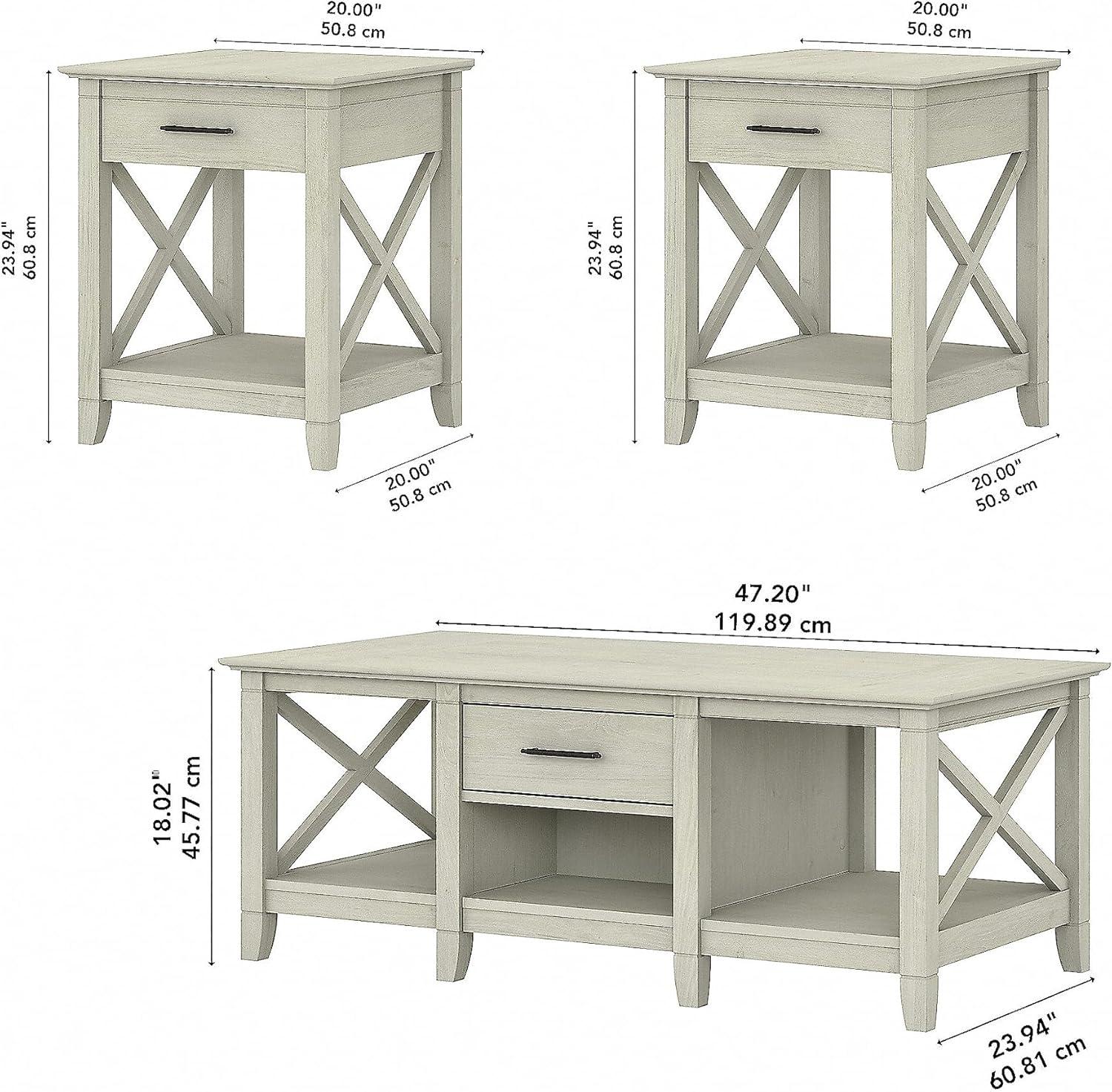 Key West Coffee Table with Set of 2 End Tables in Linen White - Engineered Wood